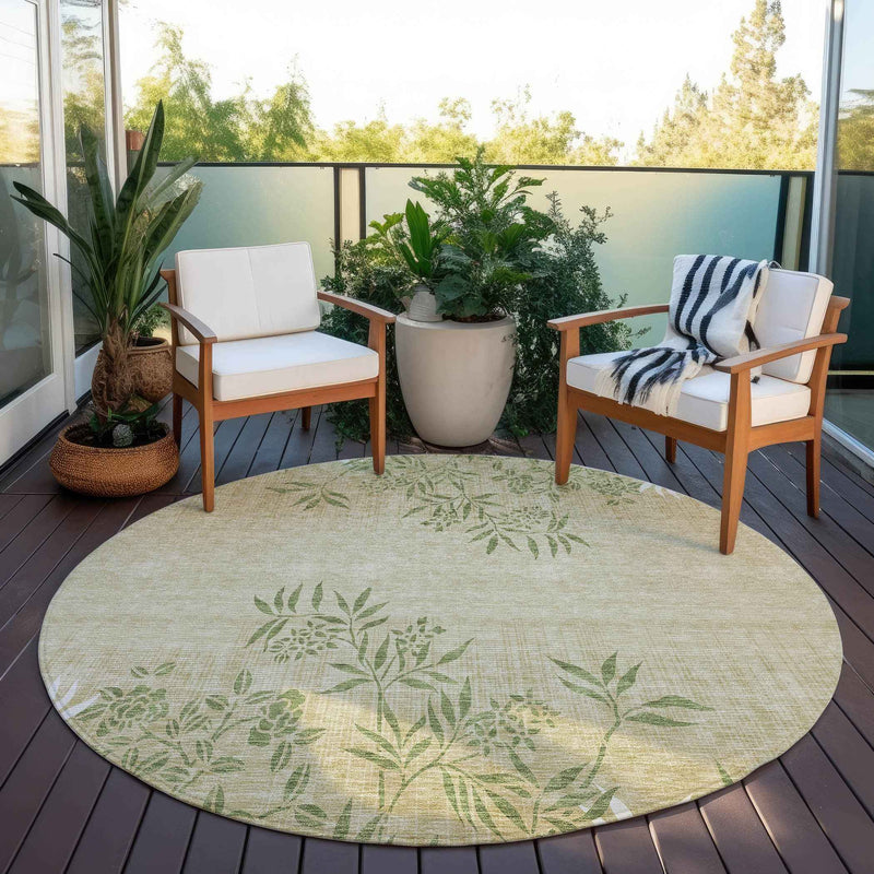 8' Khaki Ivory And Green Round Floral Washable Indoor Outdoor Area Rug