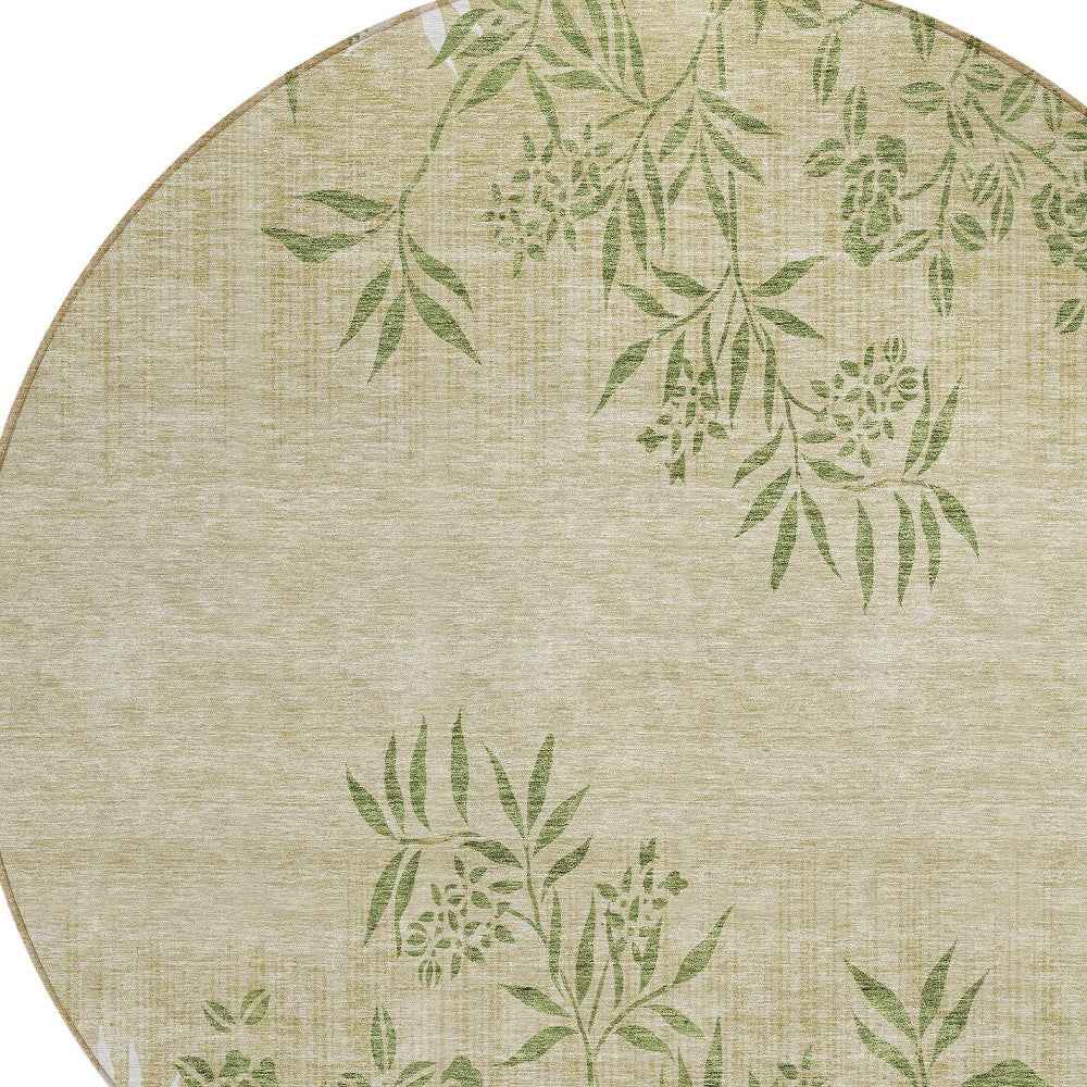 8' Khaki Ivory And Green Round Floral Washable Indoor Outdoor Area Rug