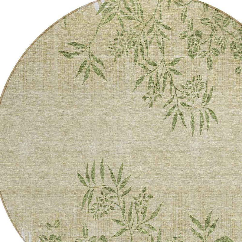 8' Khaki Ivory And Green Round Floral Washable Indoor Outdoor Area Rug