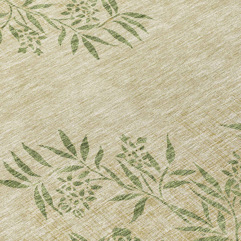 8' Khaki Ivory And Green Round Floral Washable Indoor Outdoor Area Rug