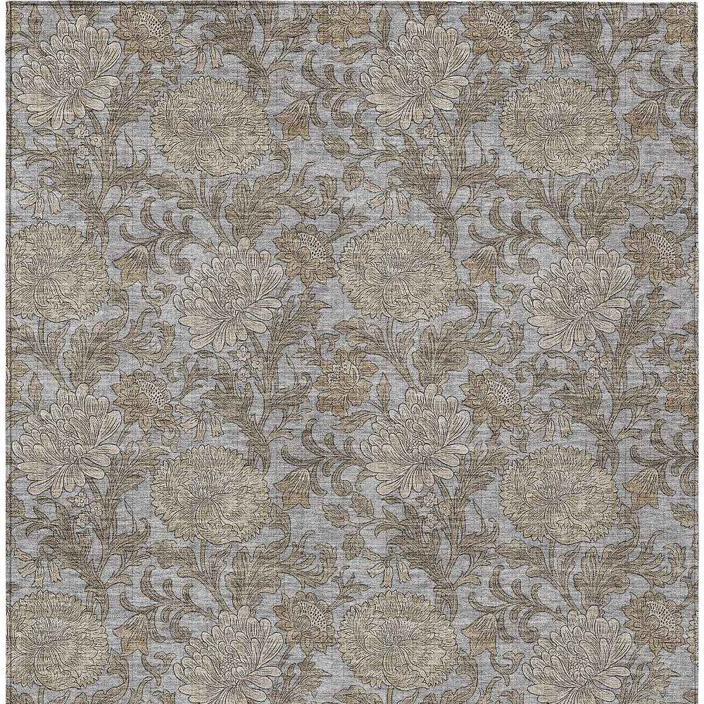 9' X 12' Gray Silver And Taupe Floral Washable Indoor Outdoor Area Rug