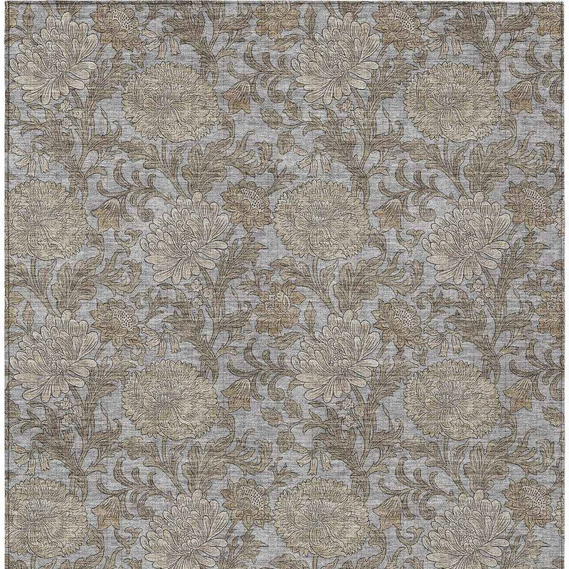 9' X 12' Gray Silver And Taupe Floral Washable Indoor Outdoor Area Rug