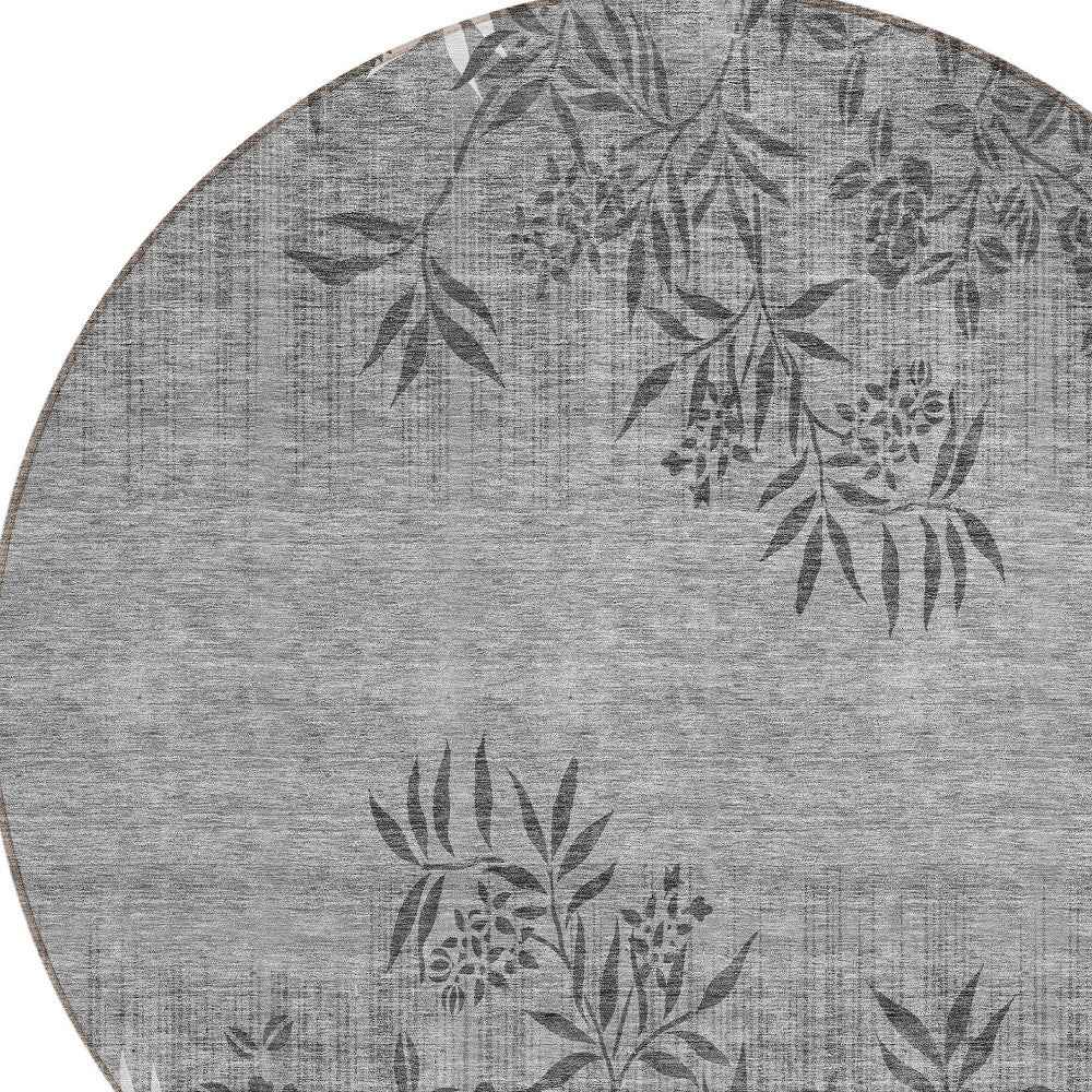 8' Gray Charcoal And Ivory Round Floral Washable Indoor Outdoor Area Rug