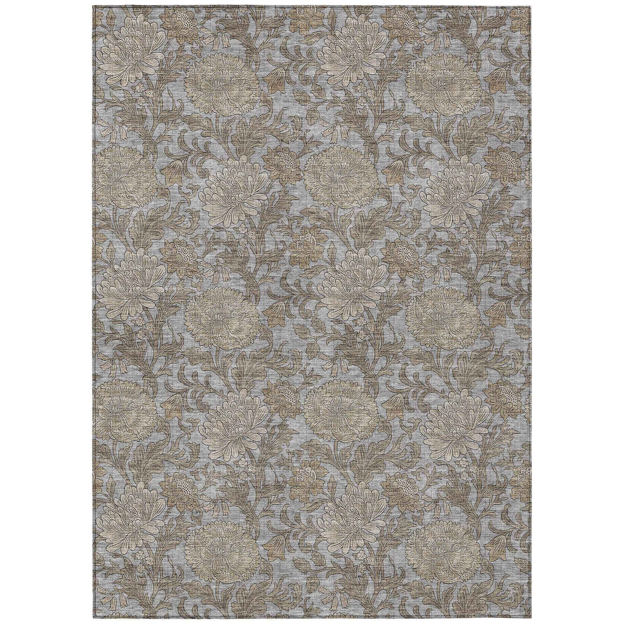 9' X 12' Gray Silver And Taupe Floral Washable Indoor Outdoor Area Rug