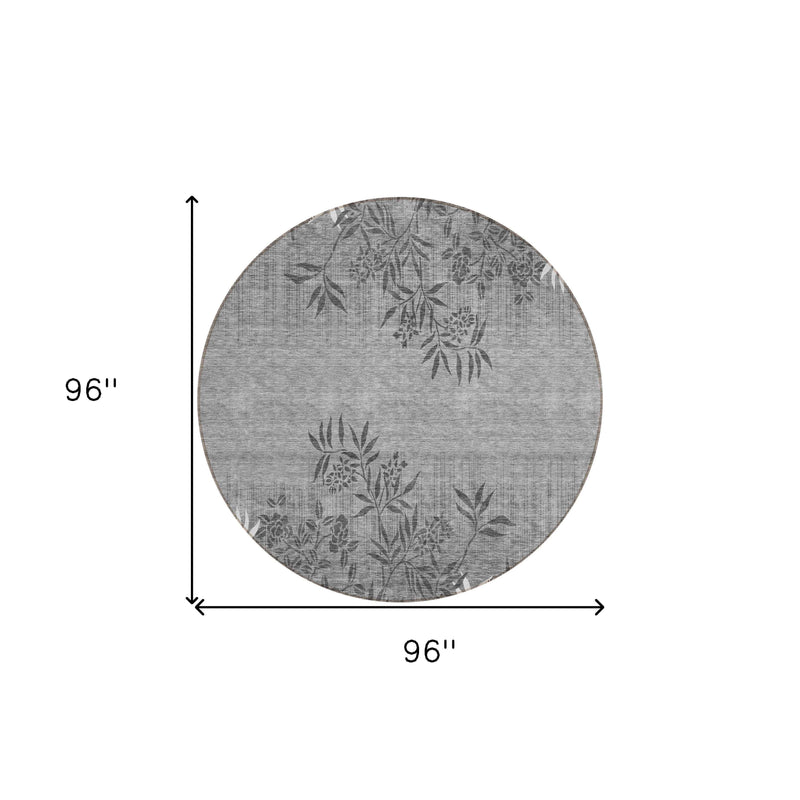 8' Gray Charcoal And Ivory Round Floral Washable Indoor Outdoor Area Rug