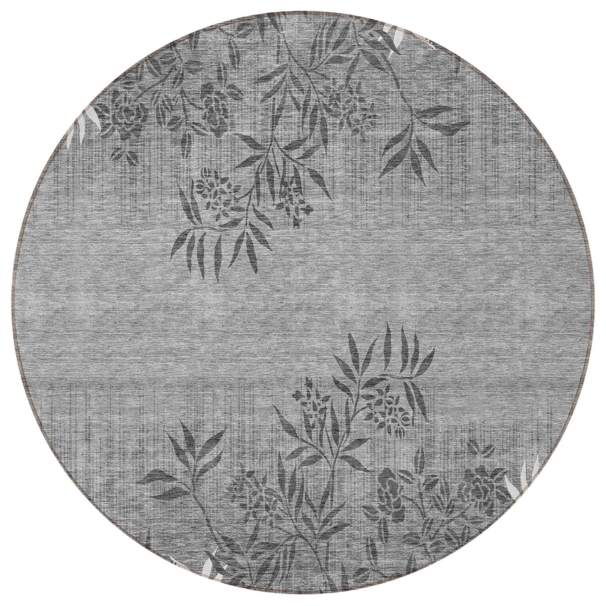 8' Gray Charcoal And Ivory Round Floral Washable Indoor Outdoor Area Rug