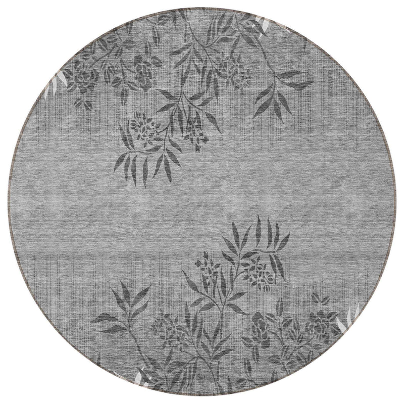 8' Gray Charcoal And Ivory Round Floral Washable Indoor Outdoor Area Rug