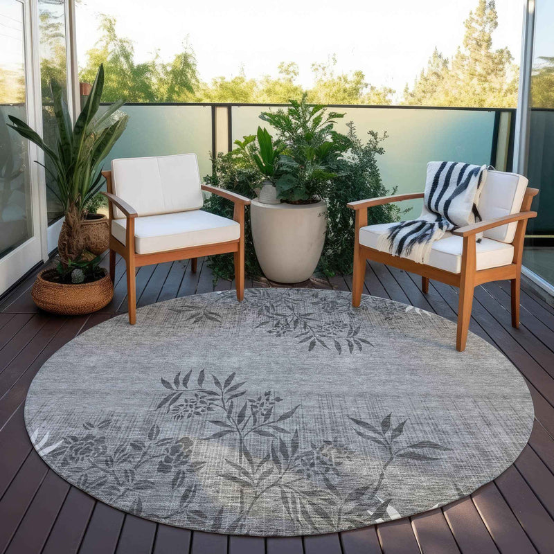 8' Gray Charcoal And Ivory Round Floral Washable Indoor Outdoor Area Rug