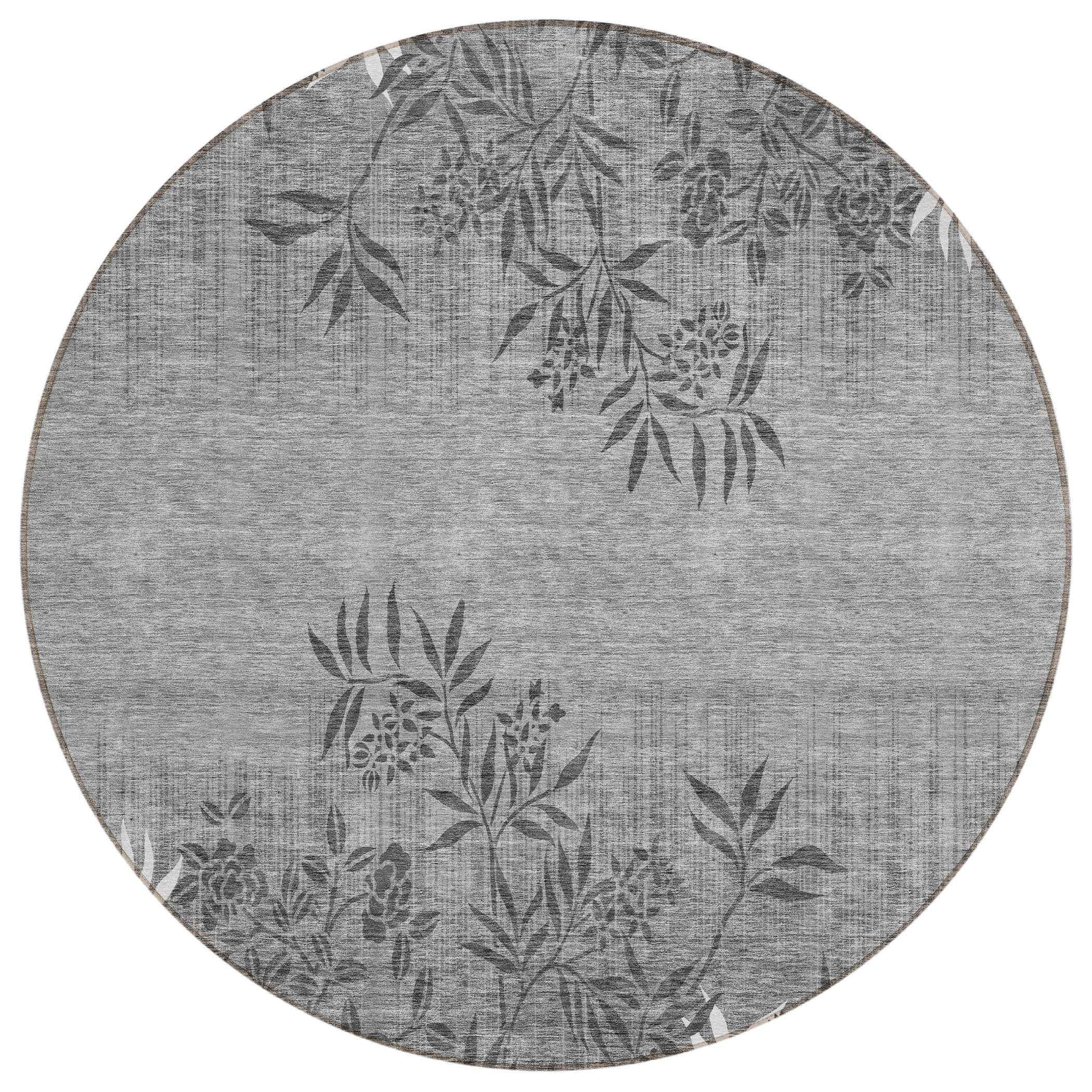 8' Gray Charcoal And Ivory Round Floral Washable Indoor Outdoor Area Rug
