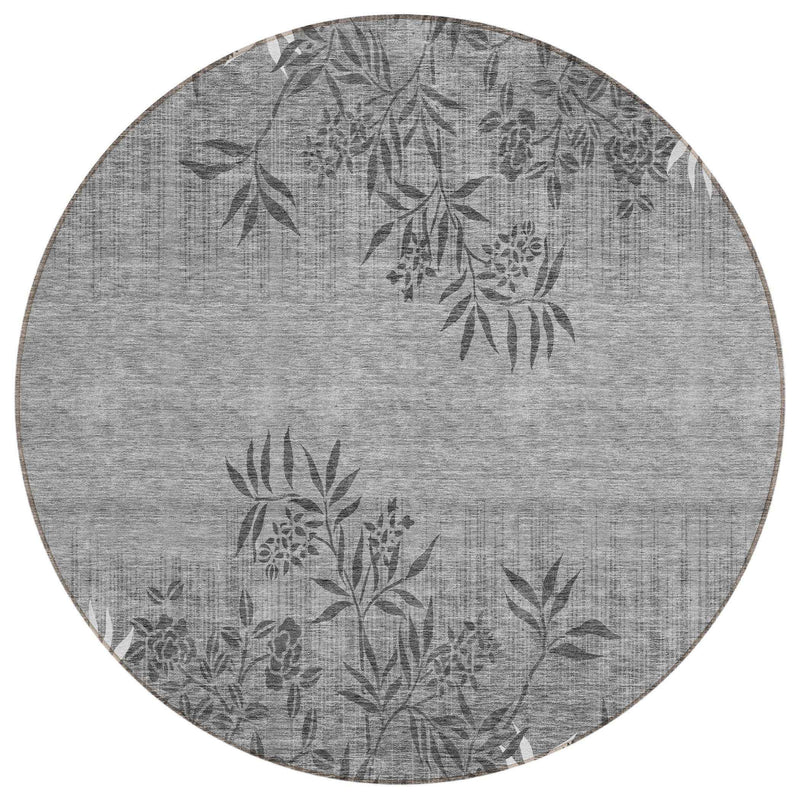 8' Gray Charcoal And Ivory Round Floral Washable Indoor Outdoor Area Rug