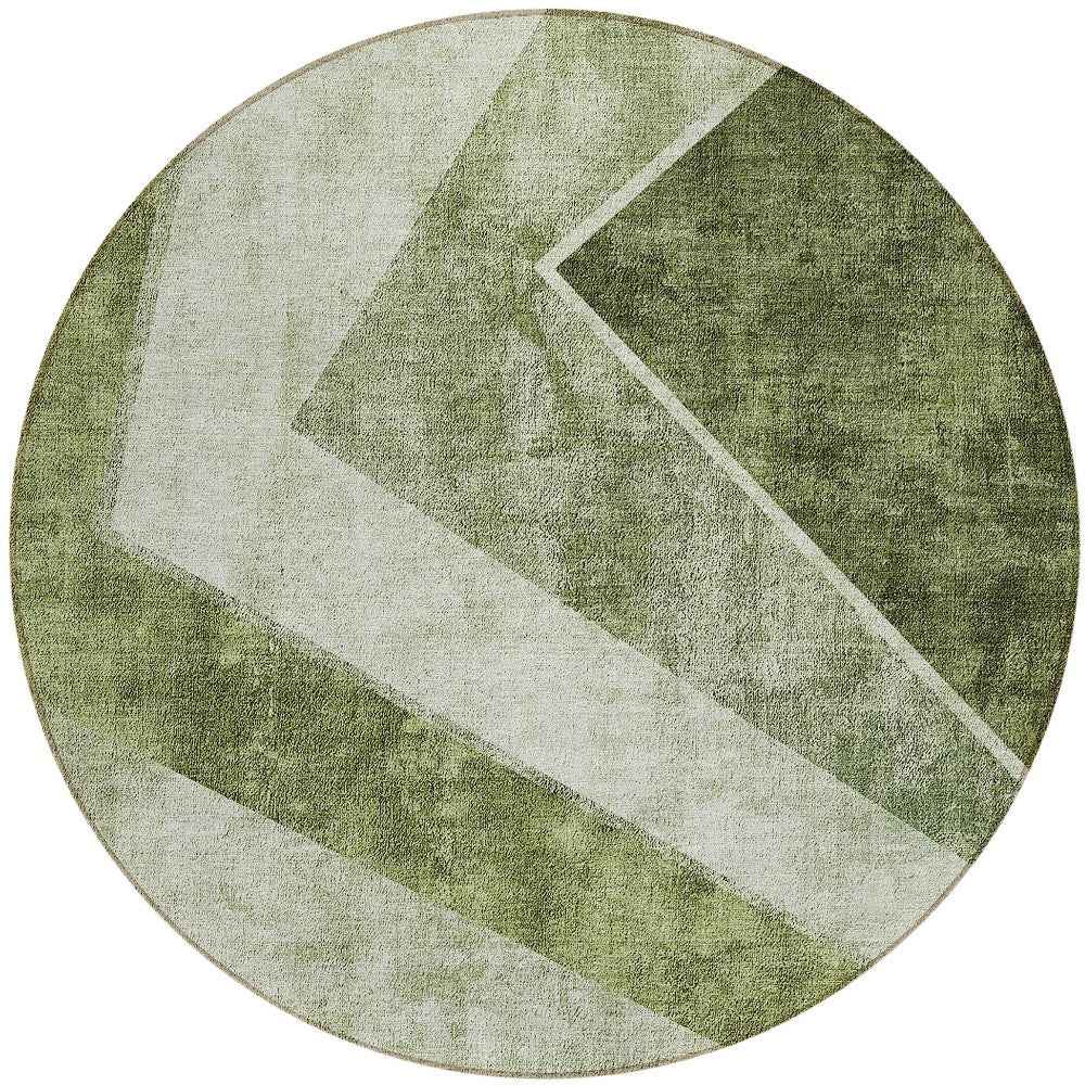 8' Olive Green And Artichoke Green Round Geometric Washable Indoor Outdoor Area Rug
