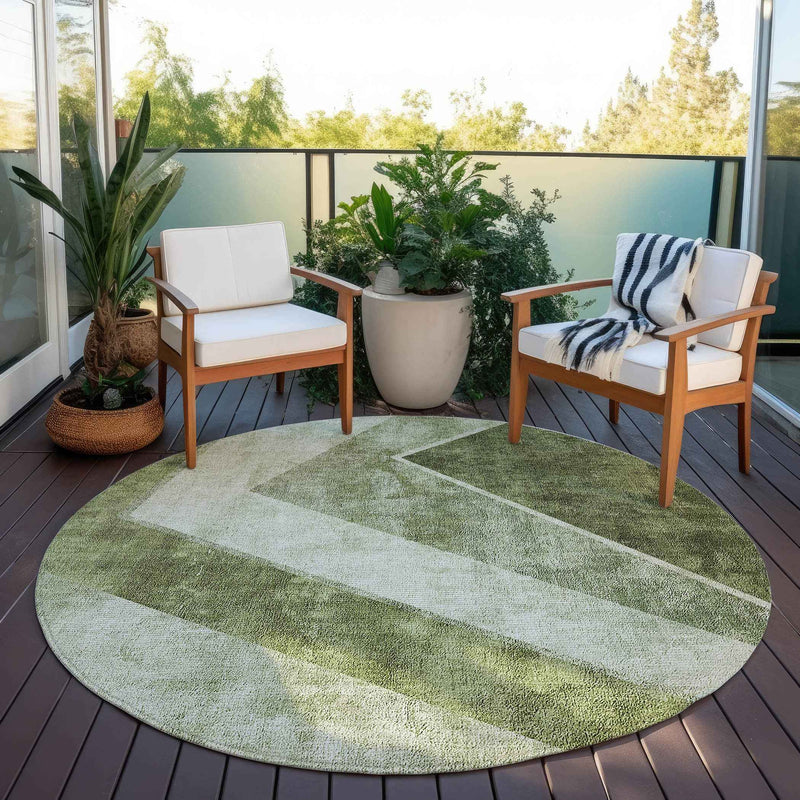 8' Olive Green And Artichoke Green Round Geometric Washable Indoor Outdoor Area Rug