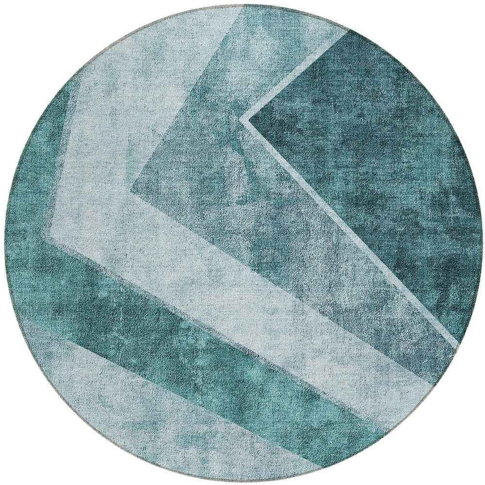 8' Teal Blue Aqua And Blue Round Geometric Washable Indoor Outdoor Area Rug
