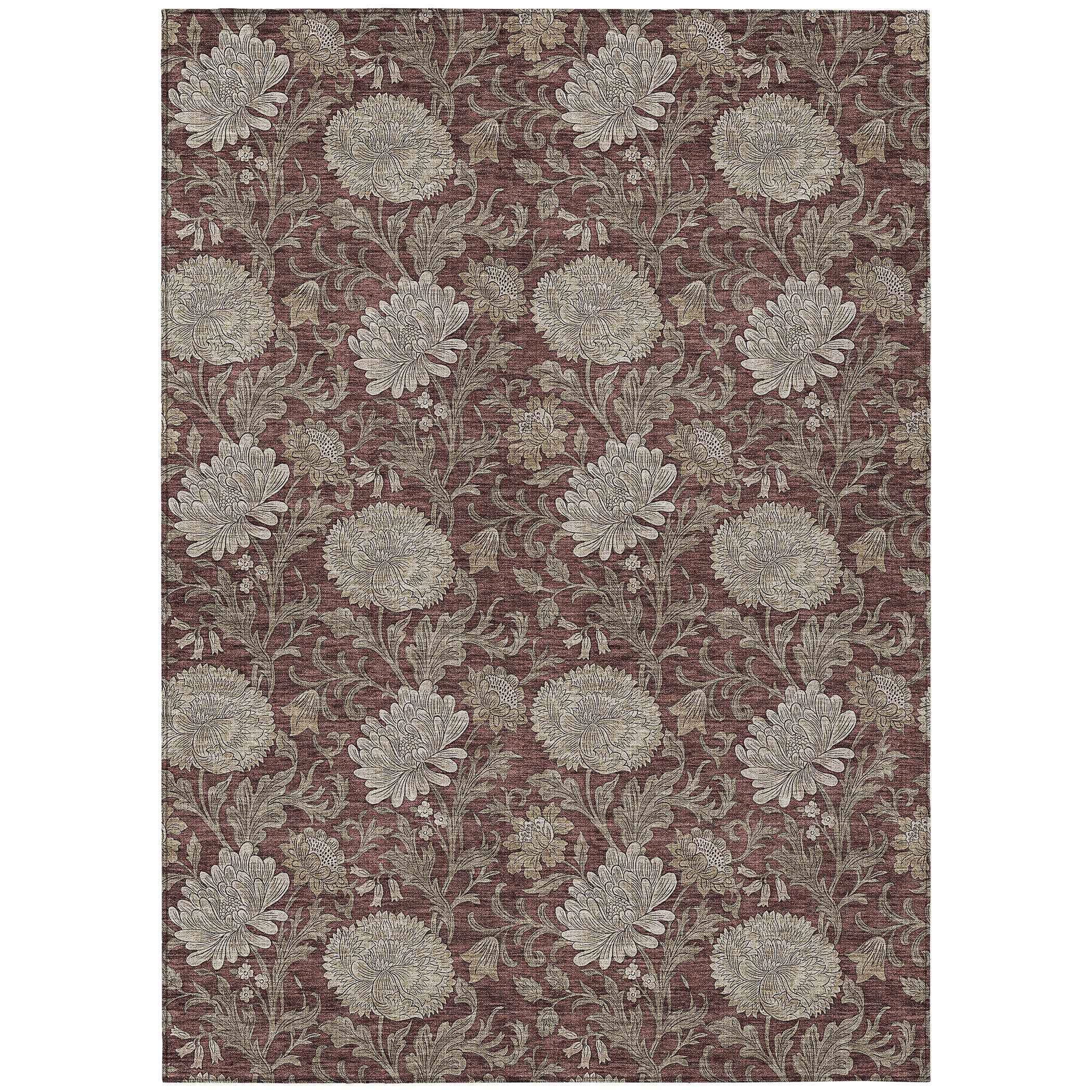 5' X 8' Merlot Taupe And Beige Floral Washable Indoor Outdoor Area Rug