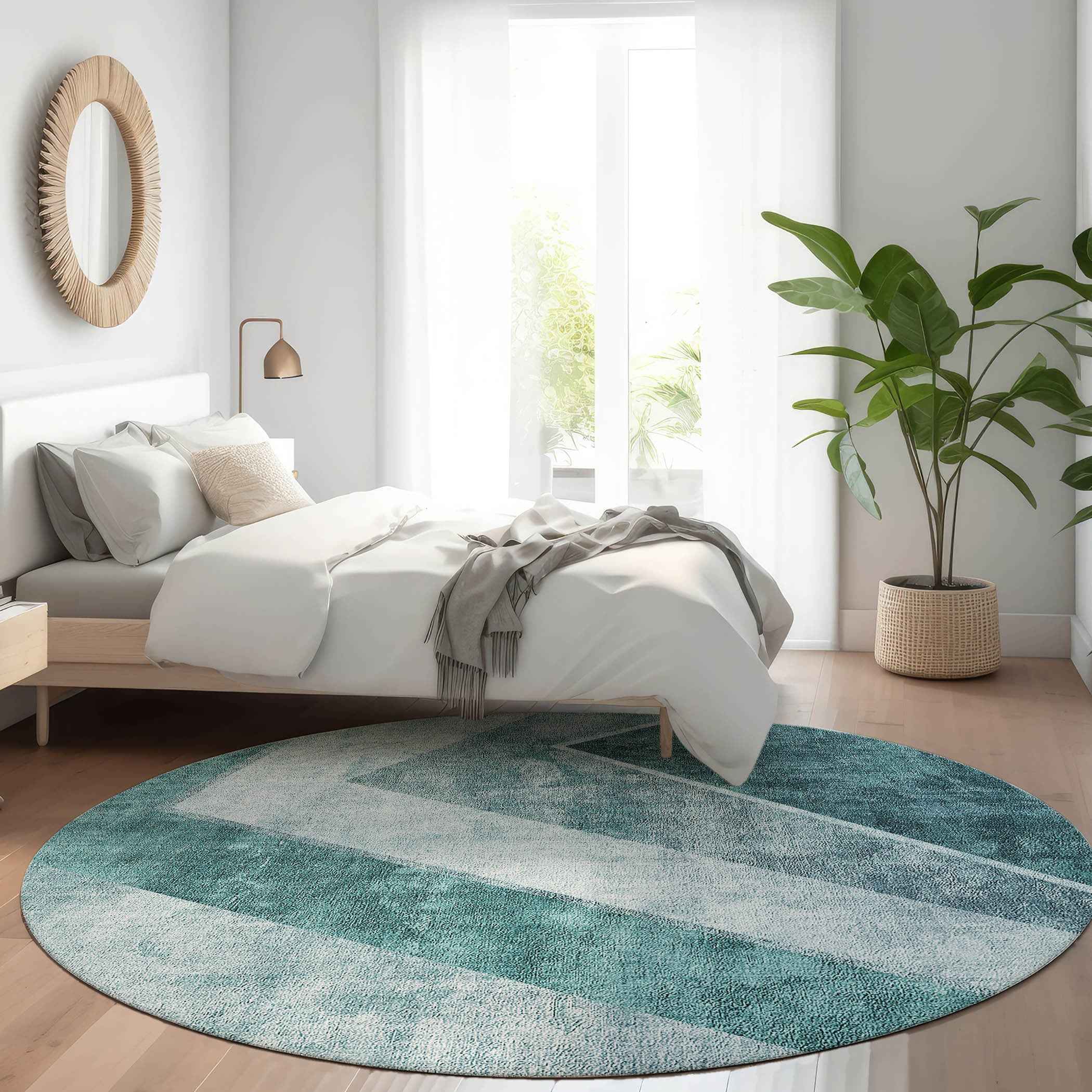 8' Teal Blue Aqua And Blue Round Geometric Washable Indoor Outdoor Area Rug