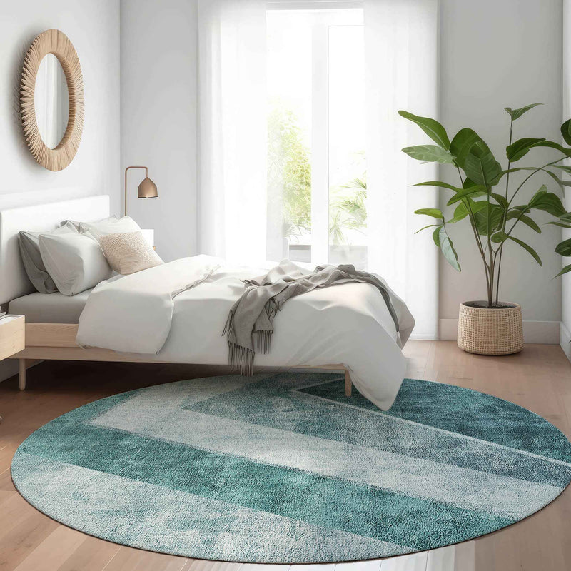 8' Teal Blue Aqua And Blue Round Geometric Washable Indoor Outdoor Area Rug