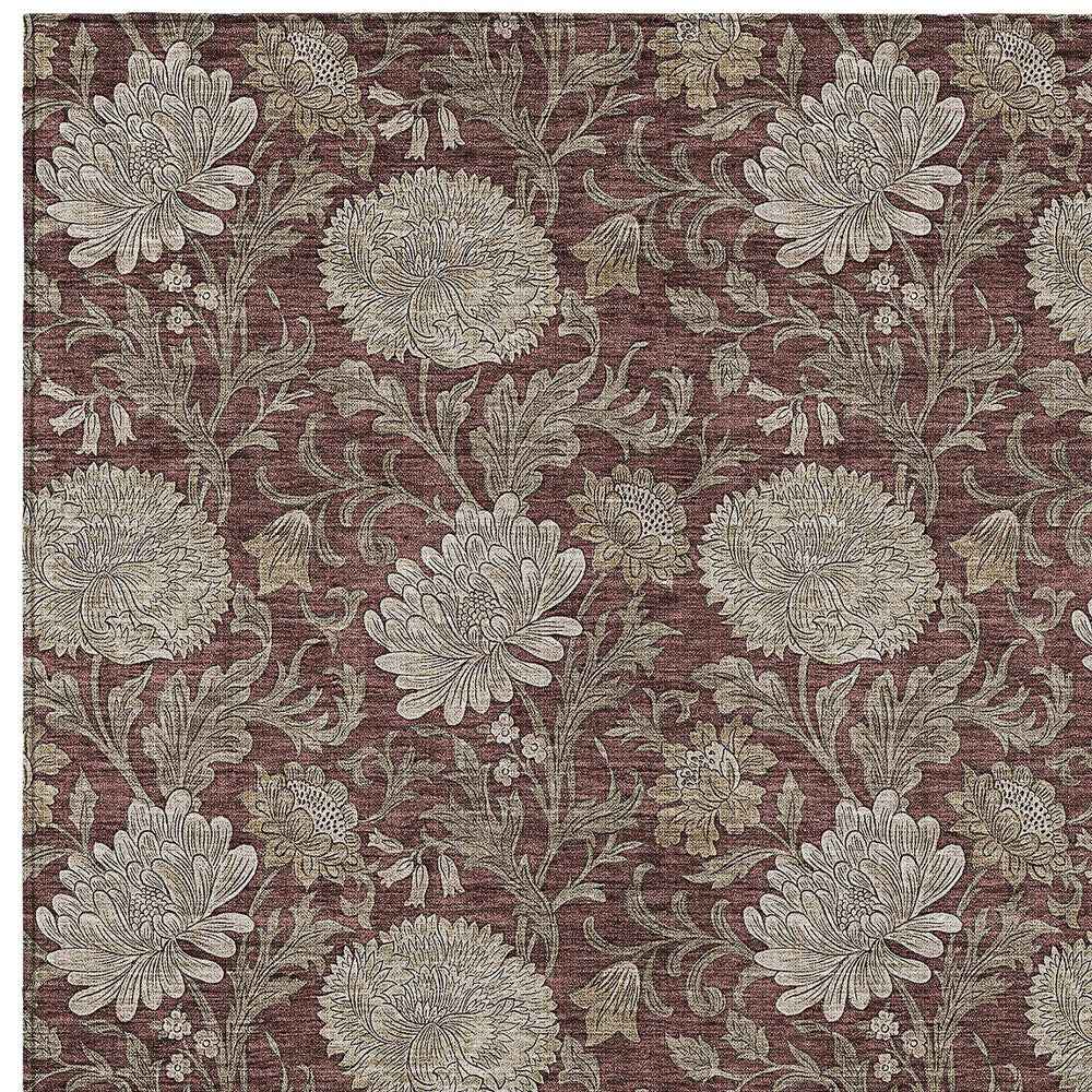5' X 8' Merlot Taupe And Beige Floral Washable Indoor Outdoor Area Rug