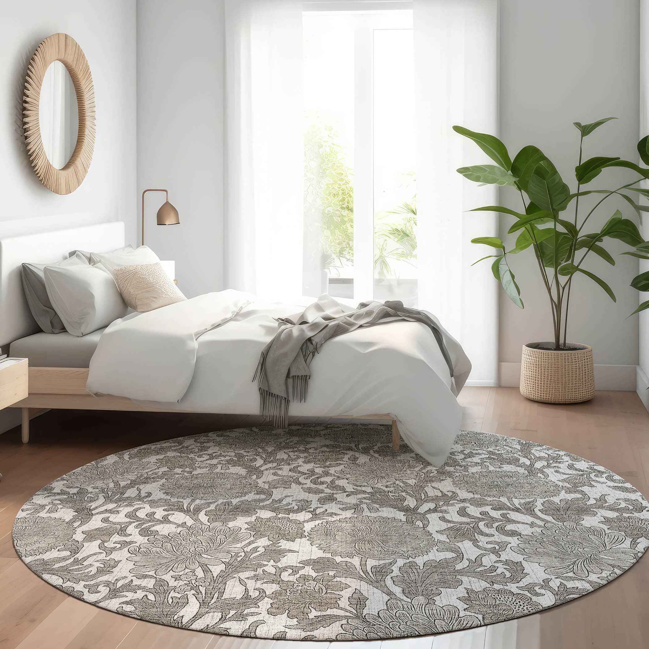 8' Ivory And Gray Round Floral Washable Indoor Outdoor Area Rug