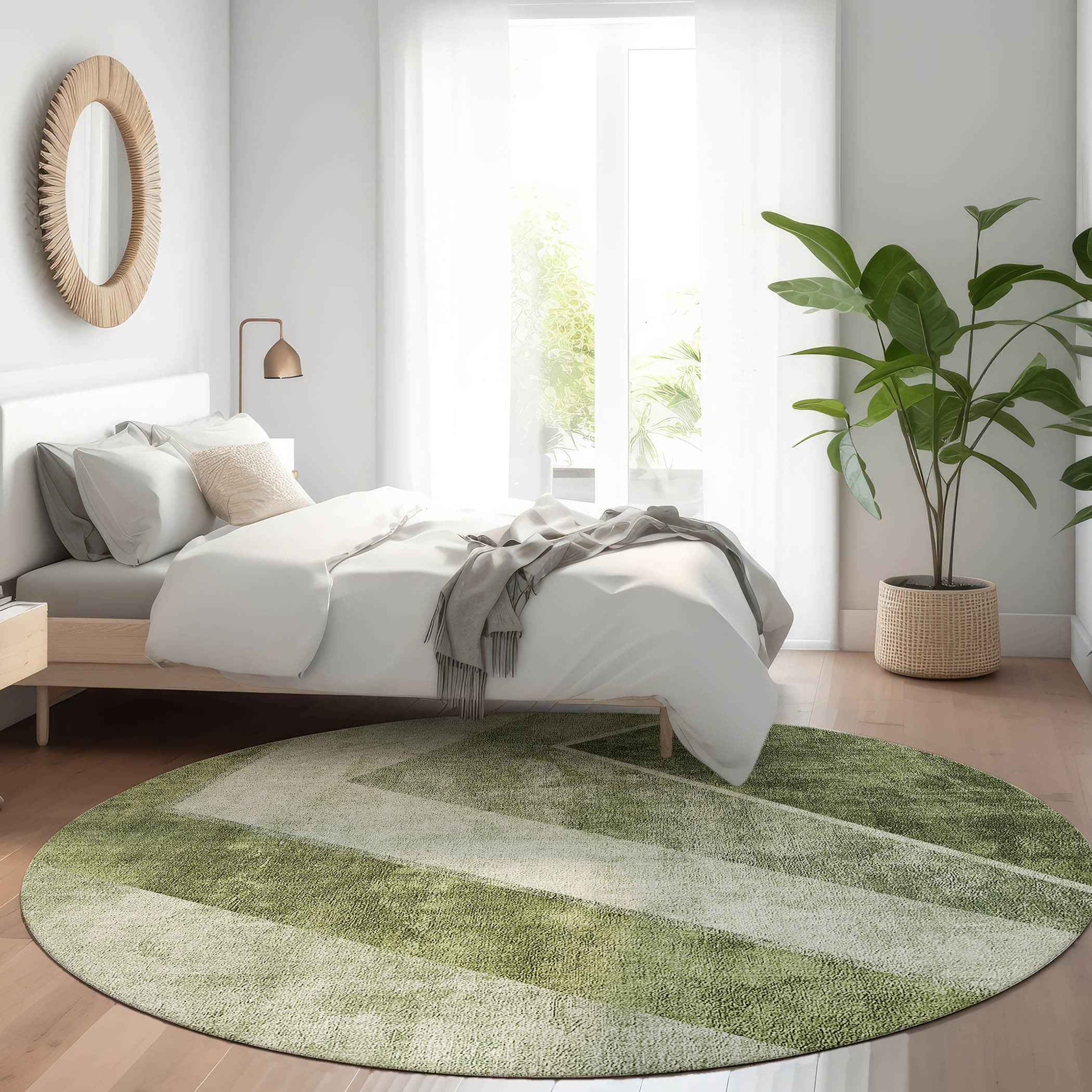 8' Olive Green And Artichoke Green Round Geometric Washable Indoor Outdoor Area Rug