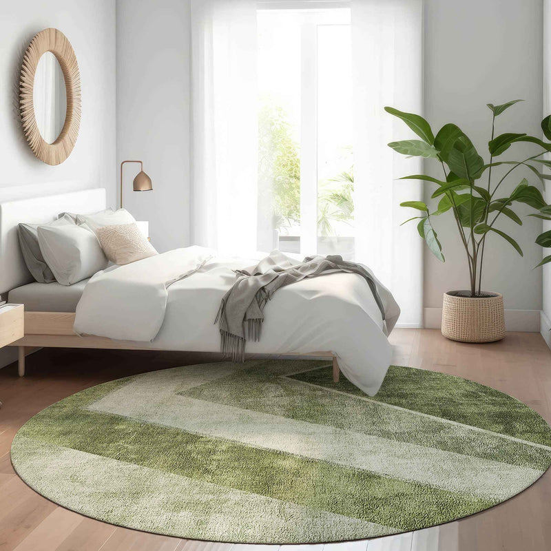 8' Olive Green And Artichoke Green Round Geometric Washable Indoor Outdoor Area Rug