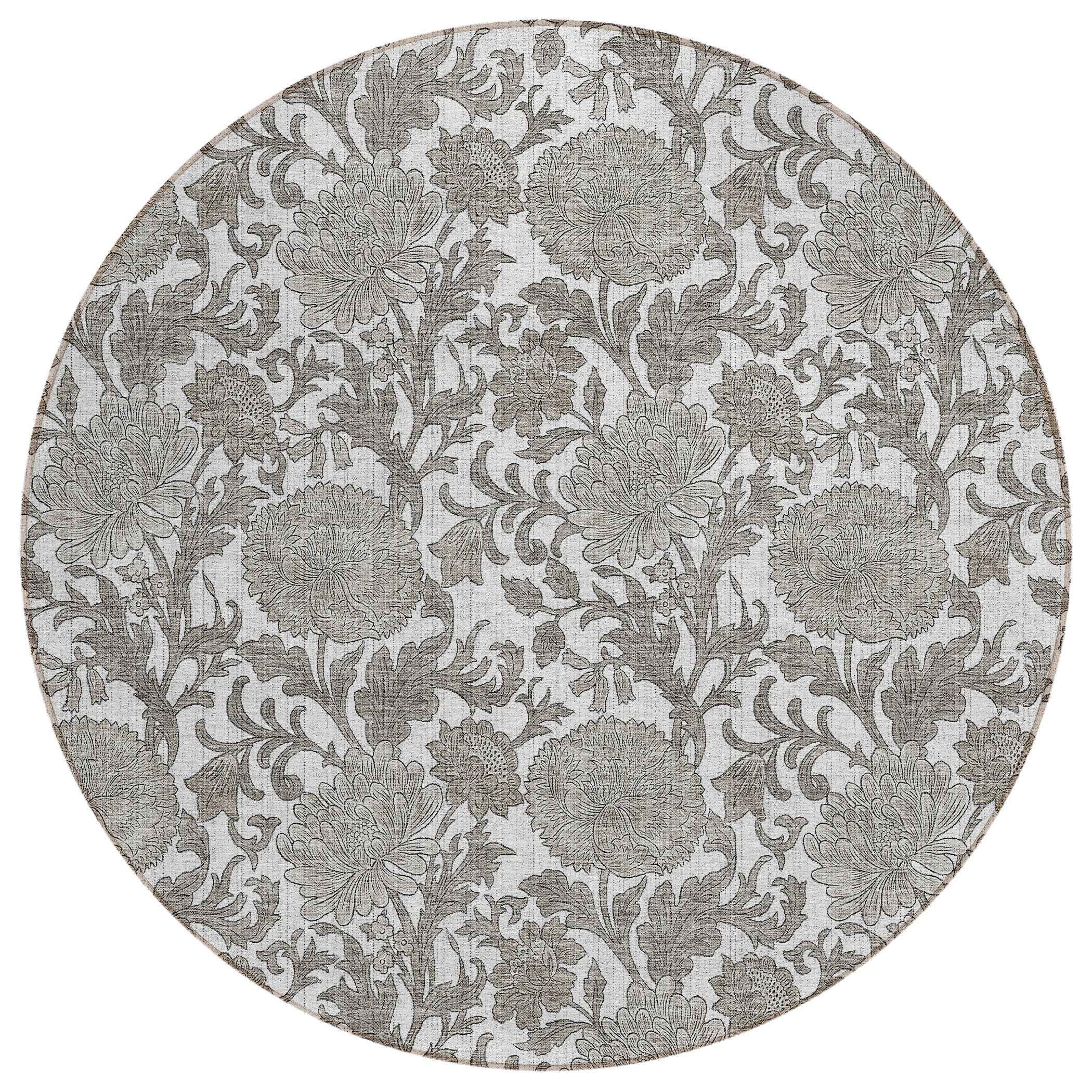 8' Ivory And Gray Round Floral Washable Indoor Outdoor Area Rug