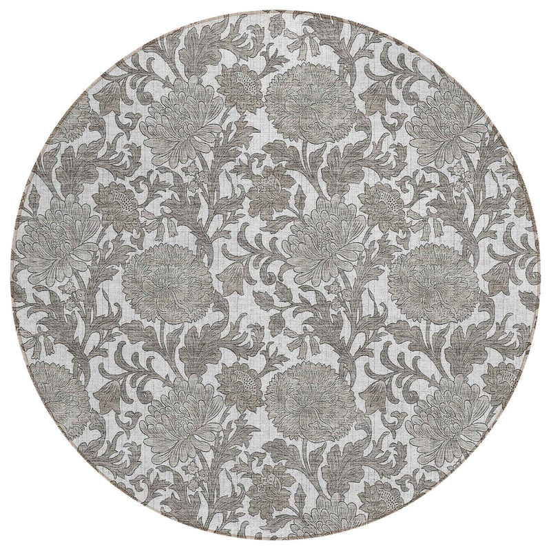 8' Ivory And Gray Round Floral Washable Indoor Outdoor Area Rug