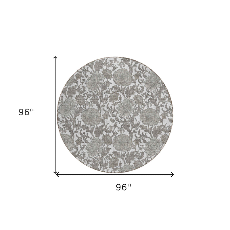 8' Ivory And Gray Round Floral Washable Indoor Outdoor Area Rug