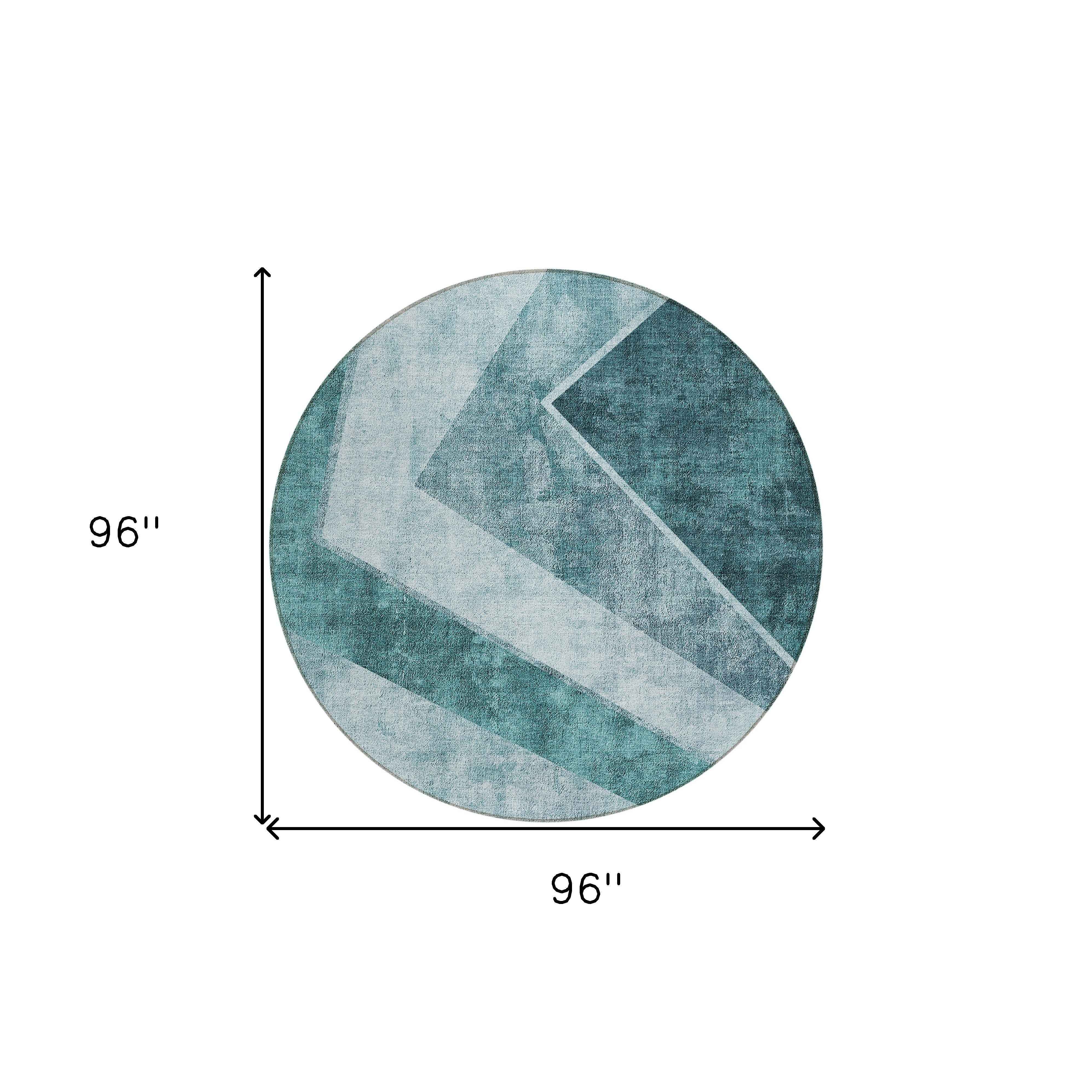 8' Teal Blue Aqua And Blue Round Geometric Washable Indoor Outdoor Area Rug