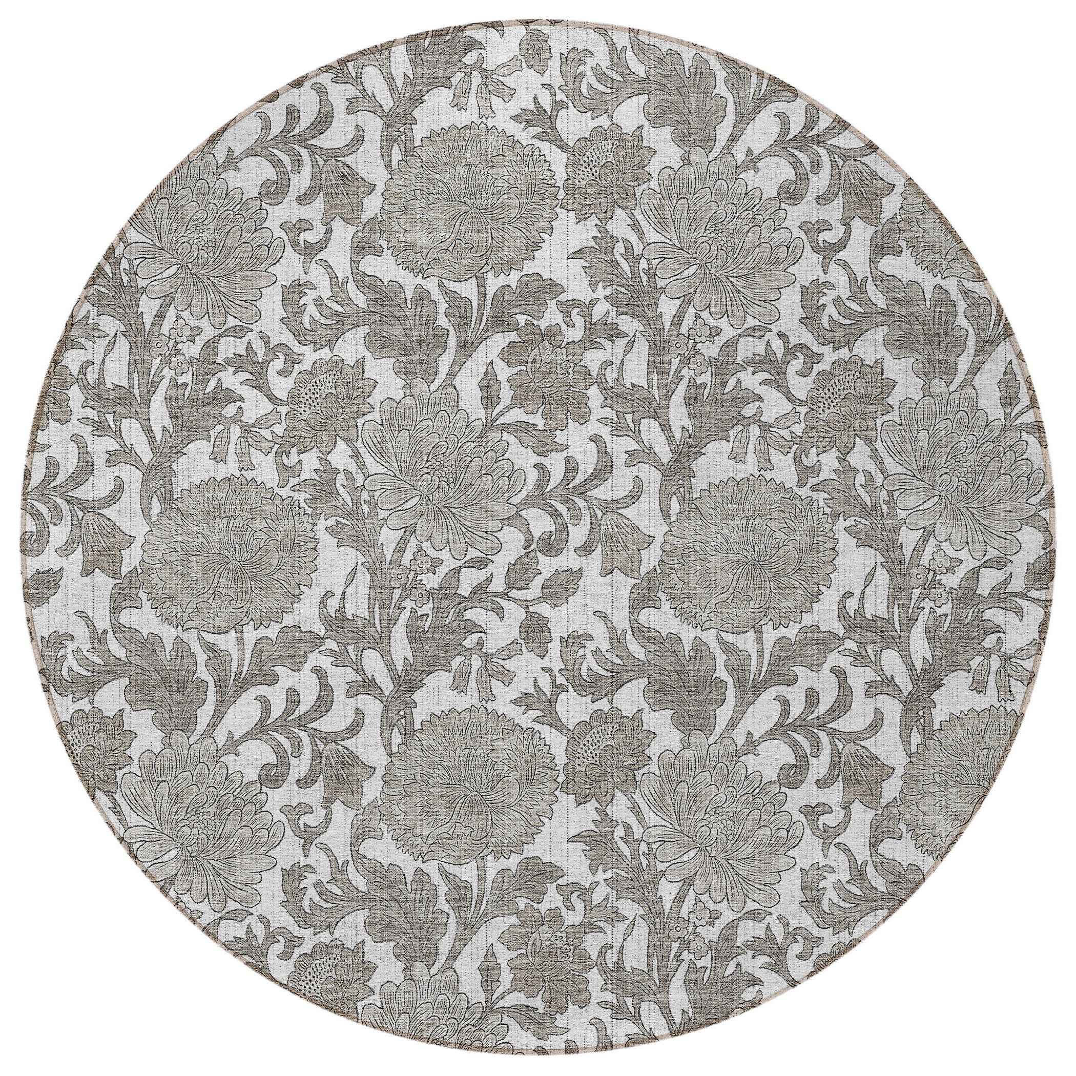 8' Ivory And Gray Round Floral Washable Indoor Outdoor Area Rug