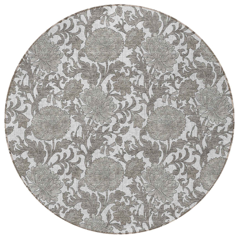 8' Ivory And Gray Round Floral Washable Indoor Outdoor Area Rug