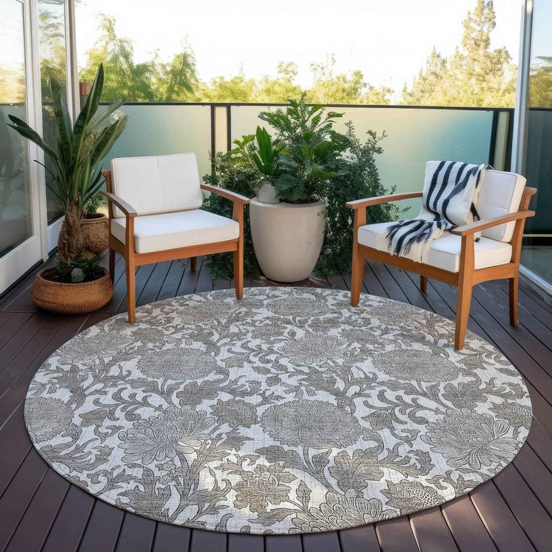 8' Ivory And Gray Round Floral Washable Indoor Outdoor Area Rug
