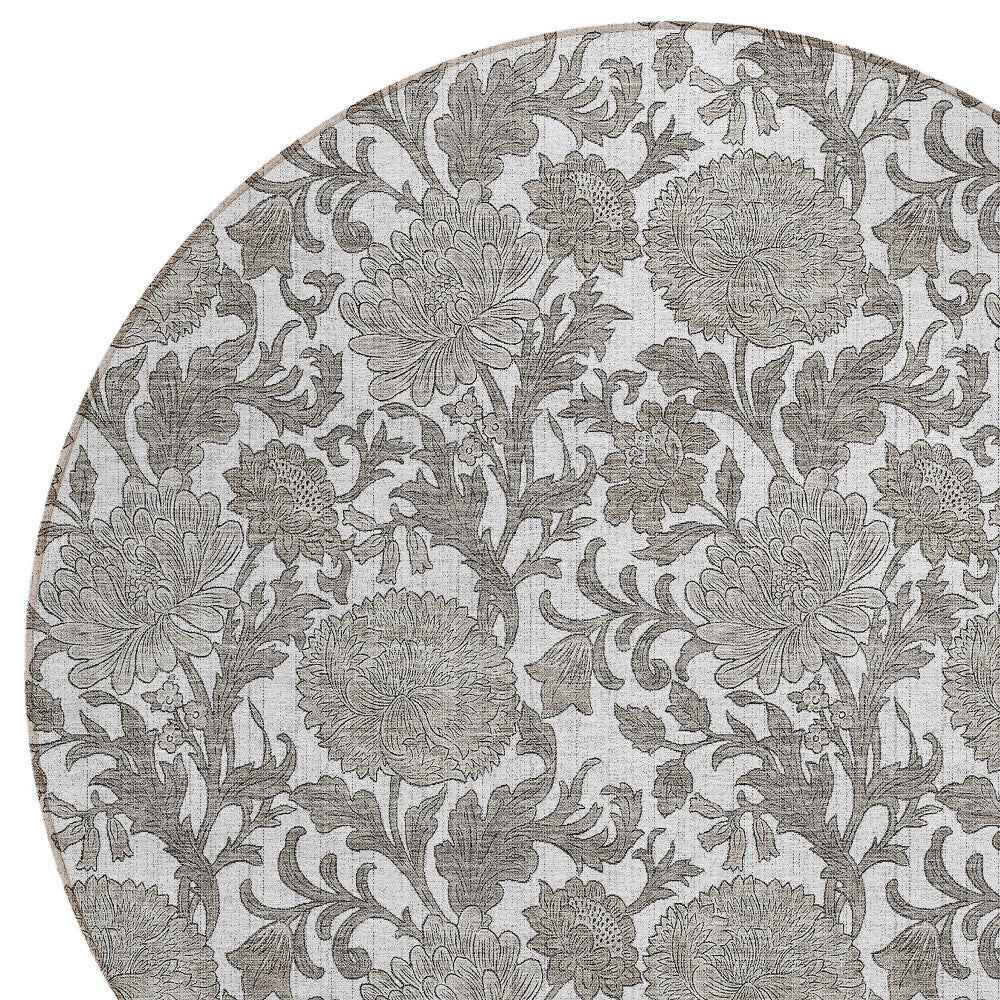 8' Ivory And Gray Round Floral Washable Indoor Outdoor Area Rug