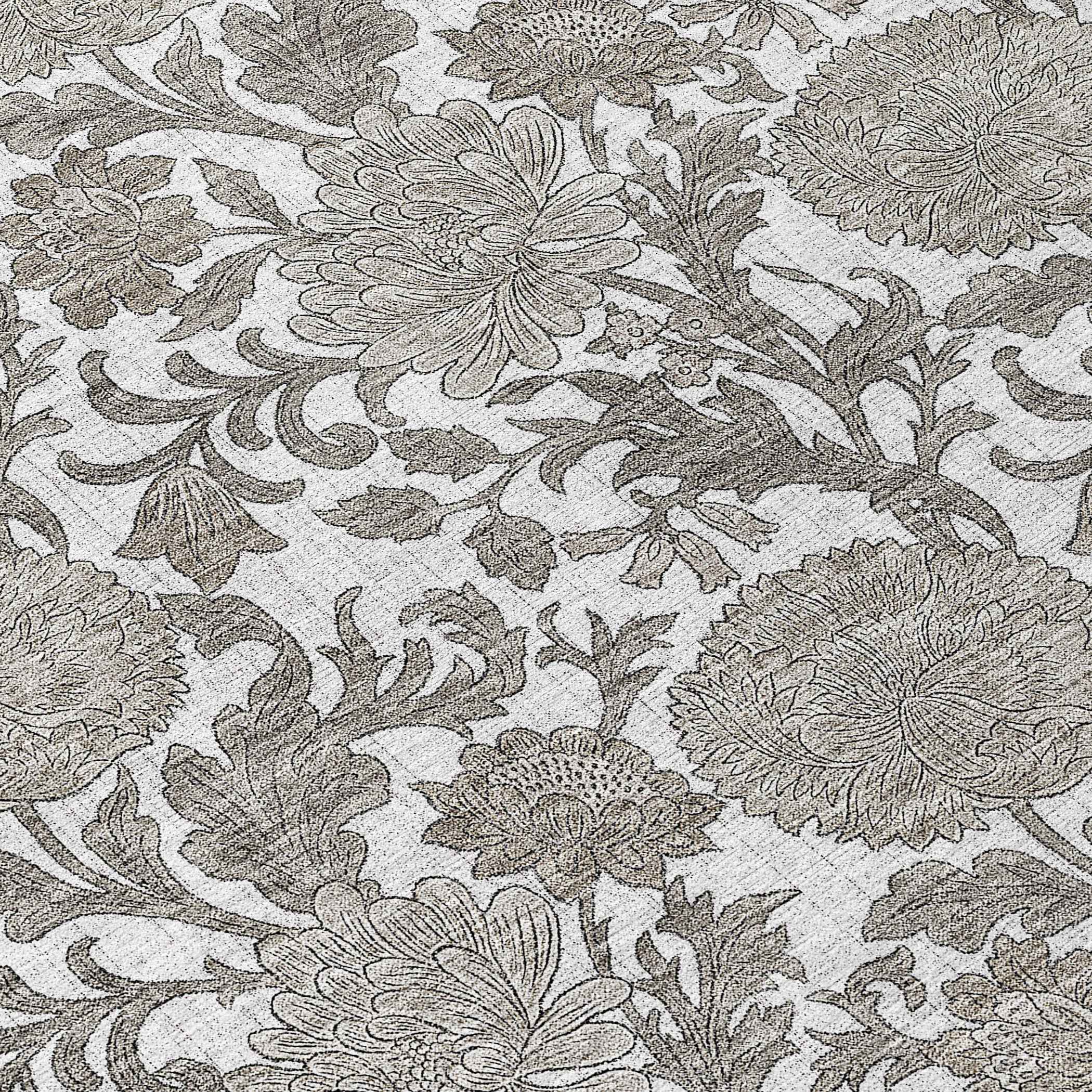 8' Ivory And Gray Round Floral Washable Indoor Outdoor Area Rug