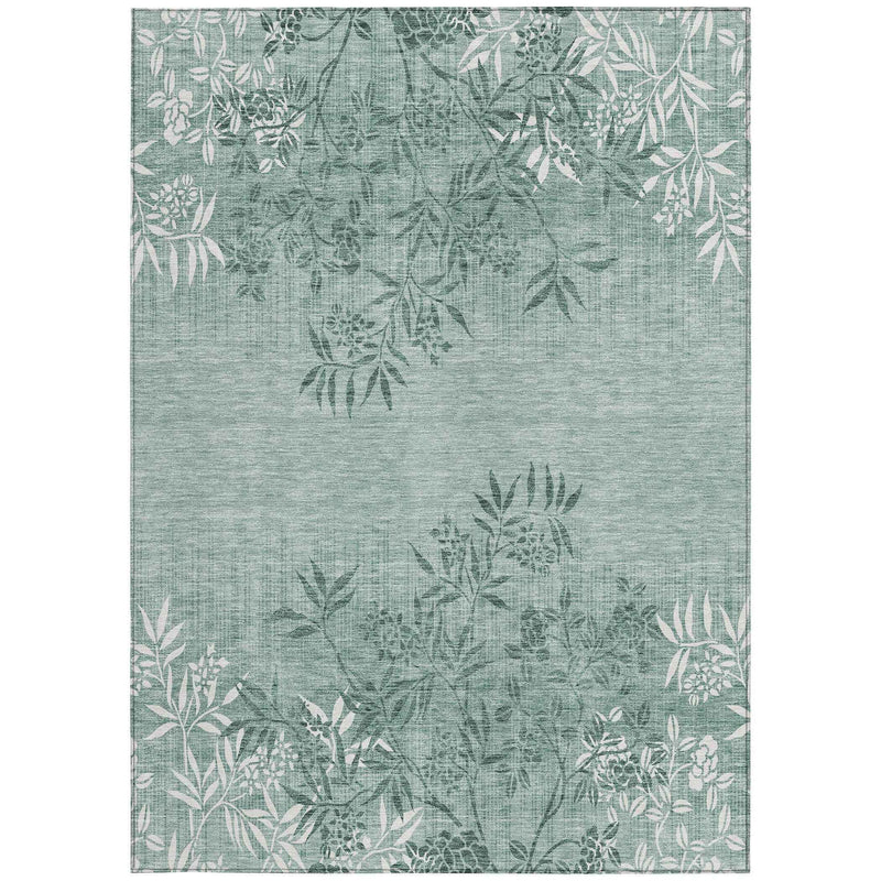 3' X 5' Sage Fern Green And Ivory Floral Washable Indoor Outdoor Area Rug