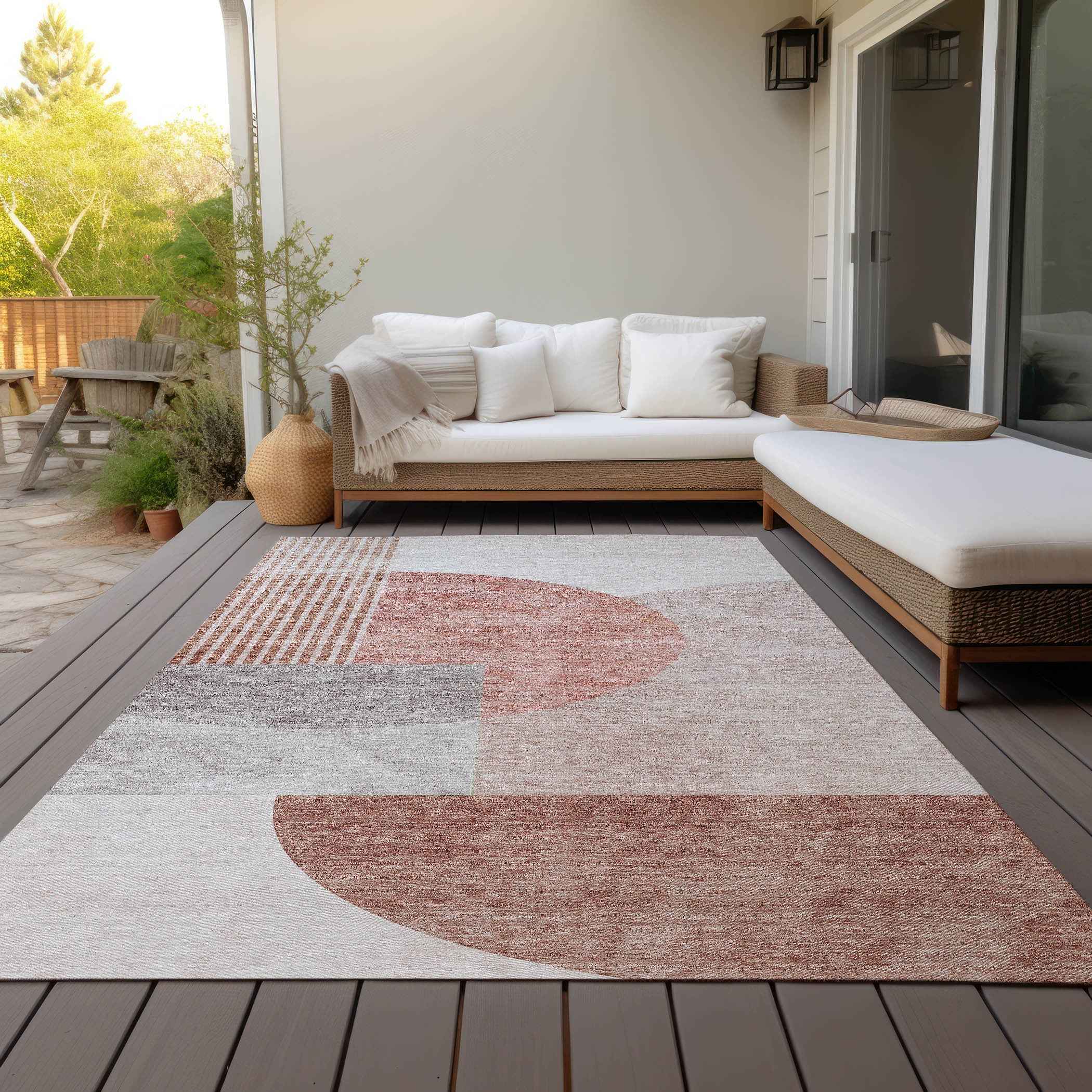 3' X 5' Copper Red And Gray Geometric Washable Indoor Outdoor Area Rug