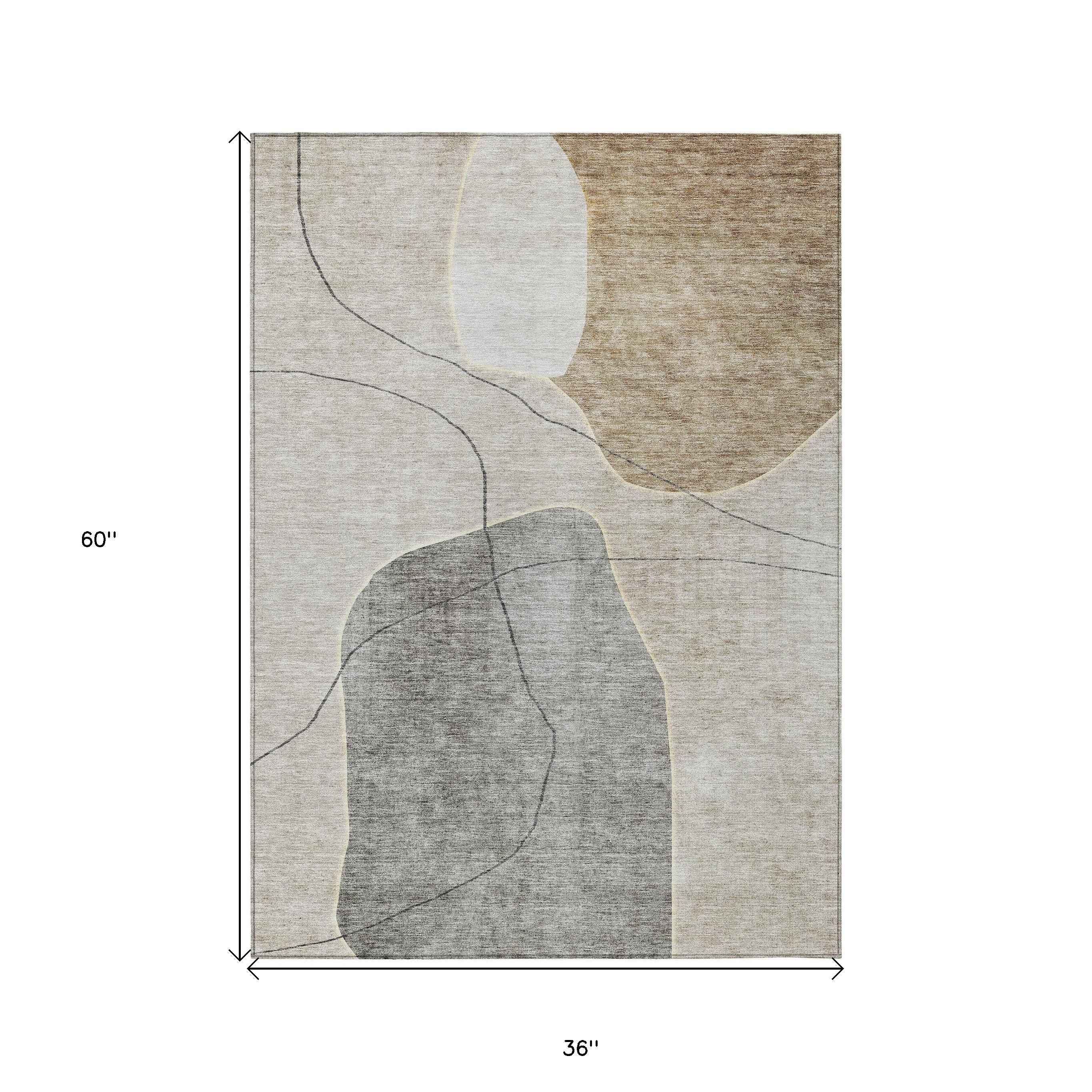 3' X 5' Beige Brown And Taupe Abstract Washable Indoor Outdoor Area Rug