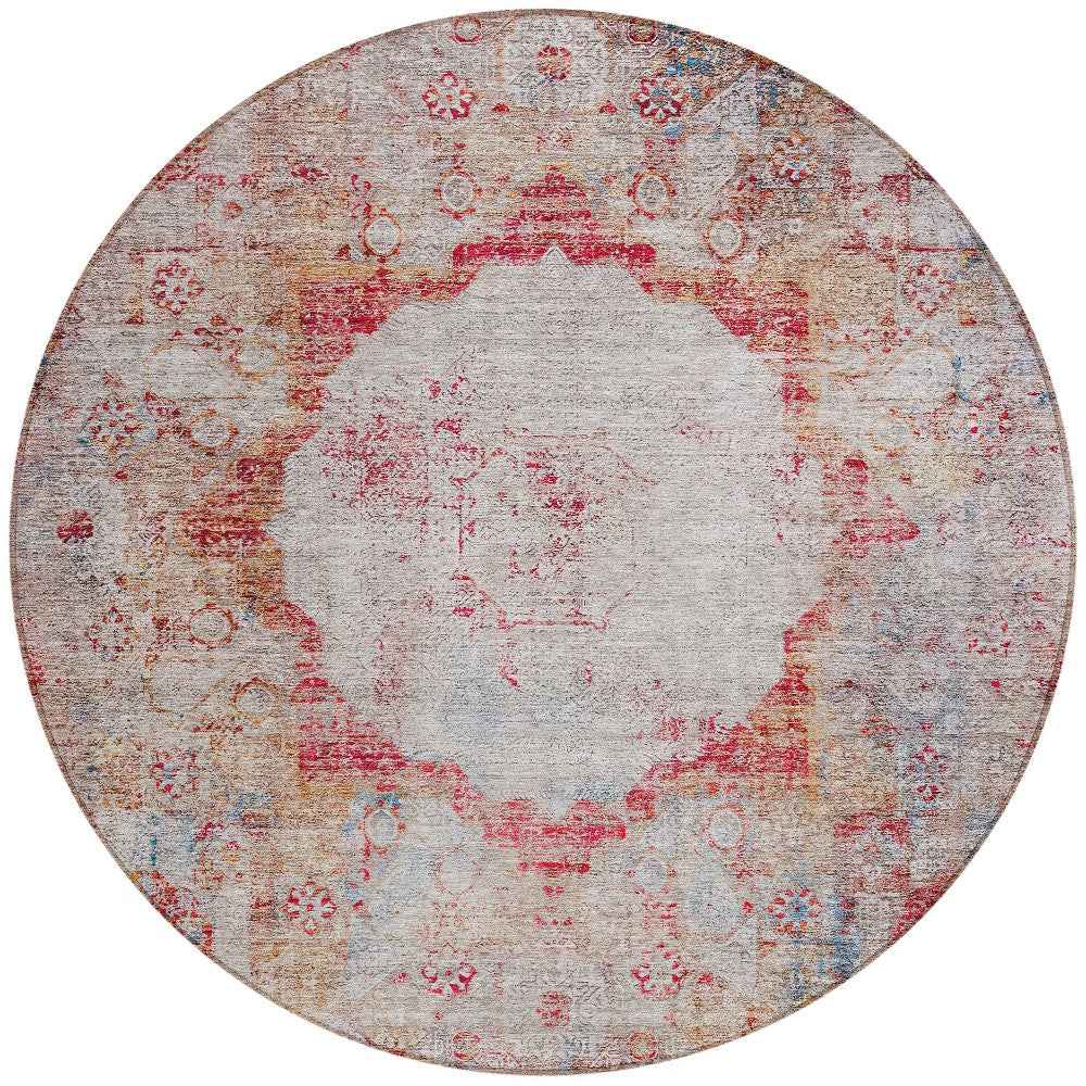 8' Red Gray And Blue Round Oriental Washable Indoor Outdoor Area Rug