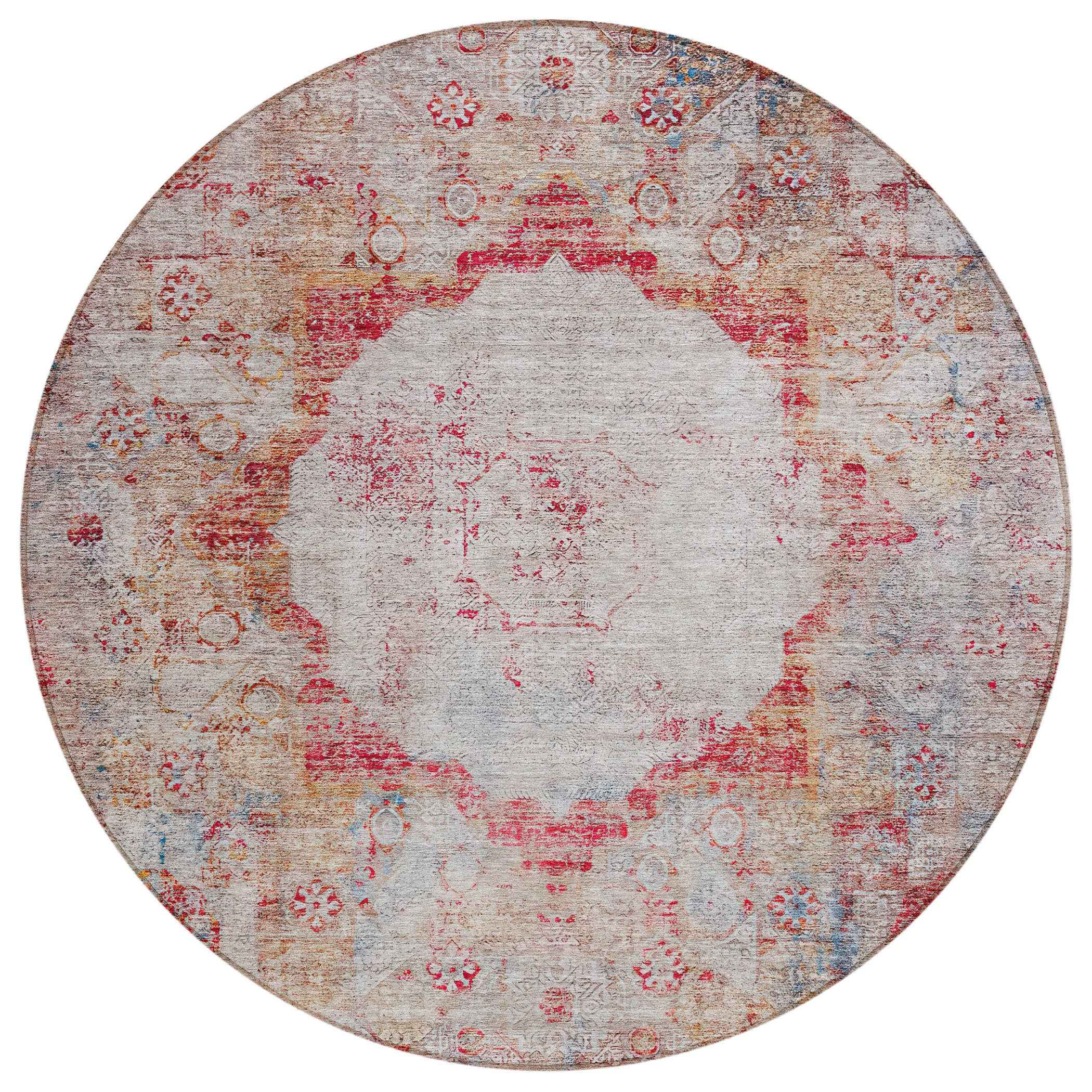 8' Red Gray And Blue Round Oriental Washable Indoor Outdoor Area Rug
