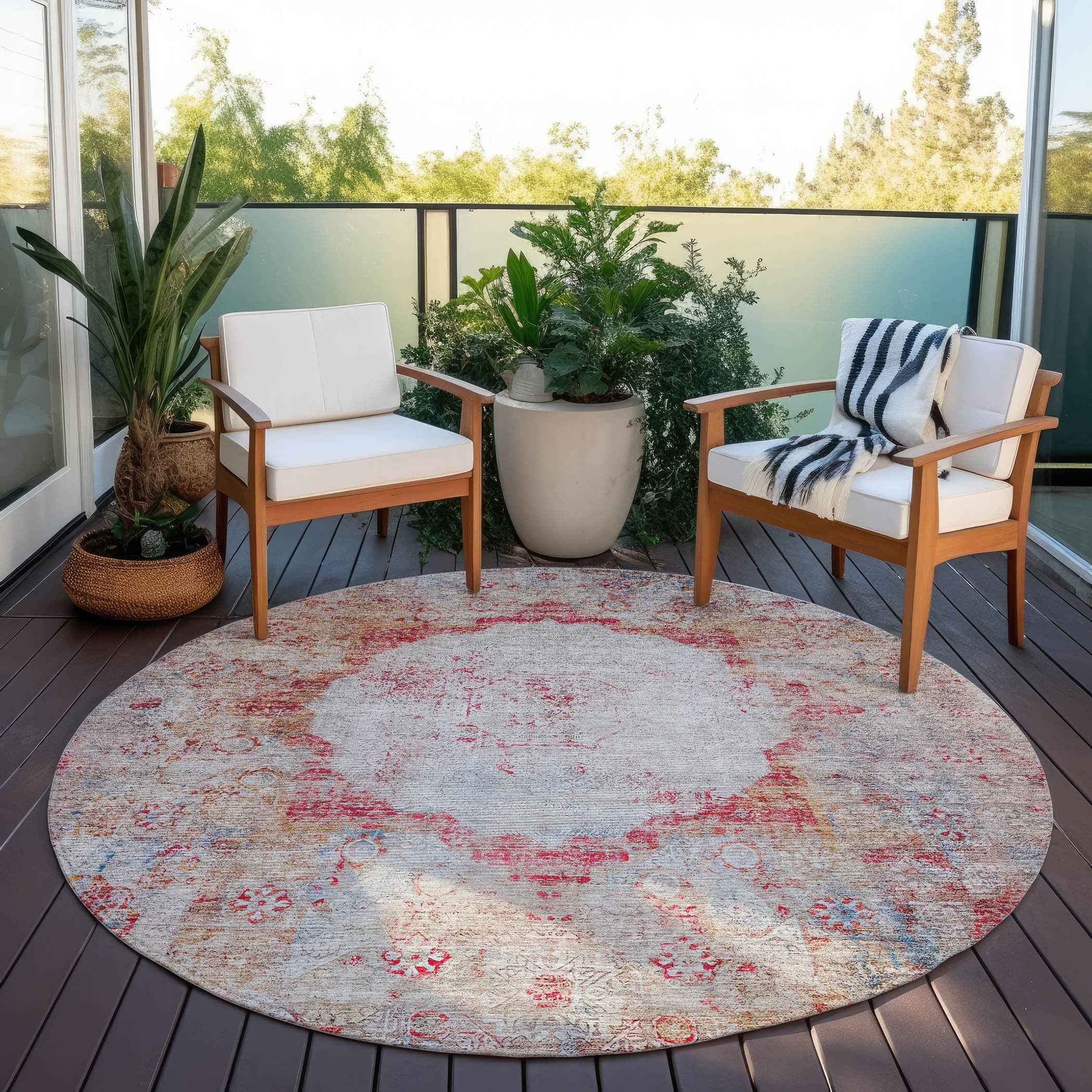 8' Red Gray And Blue Round Oriental Washable Indoor Outdoor Area Rug