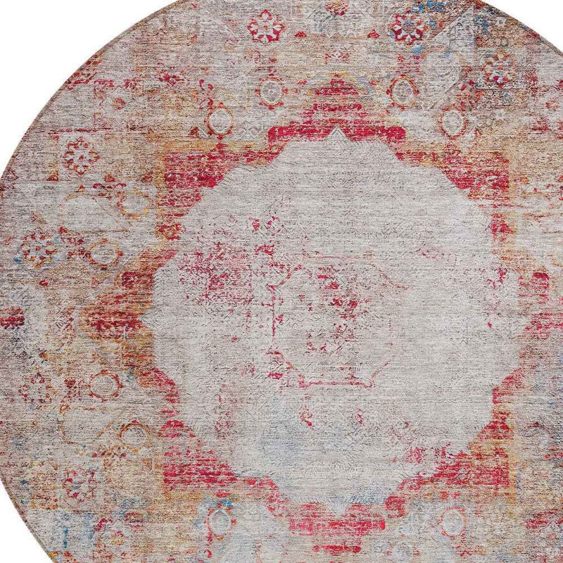 8' Red Gray And Blue Round Oriental Washable Indoor Outdoor Area Rug