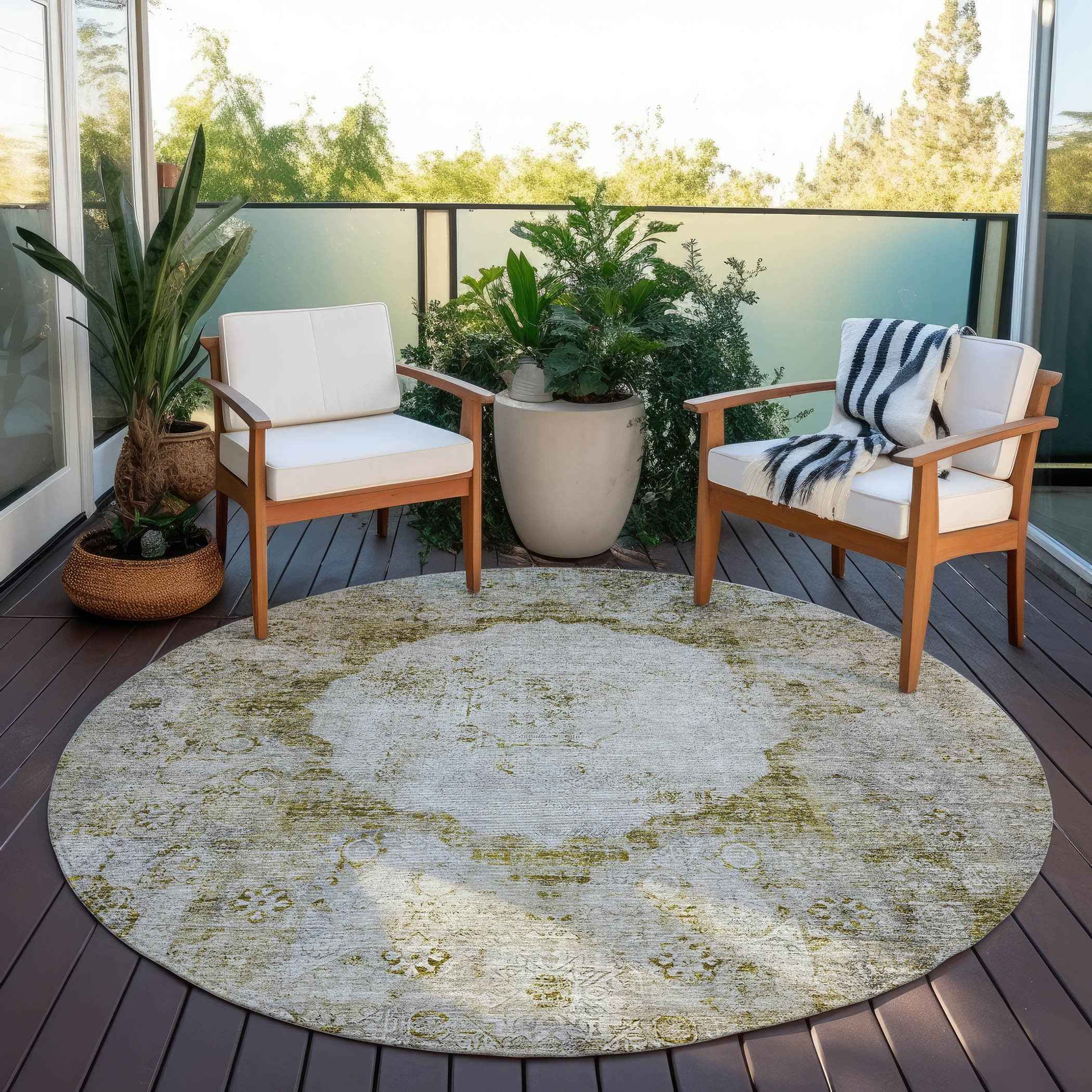 8' Taupe Brown And Gray Round Oriental Washable Indoor Outdoor Area Rug