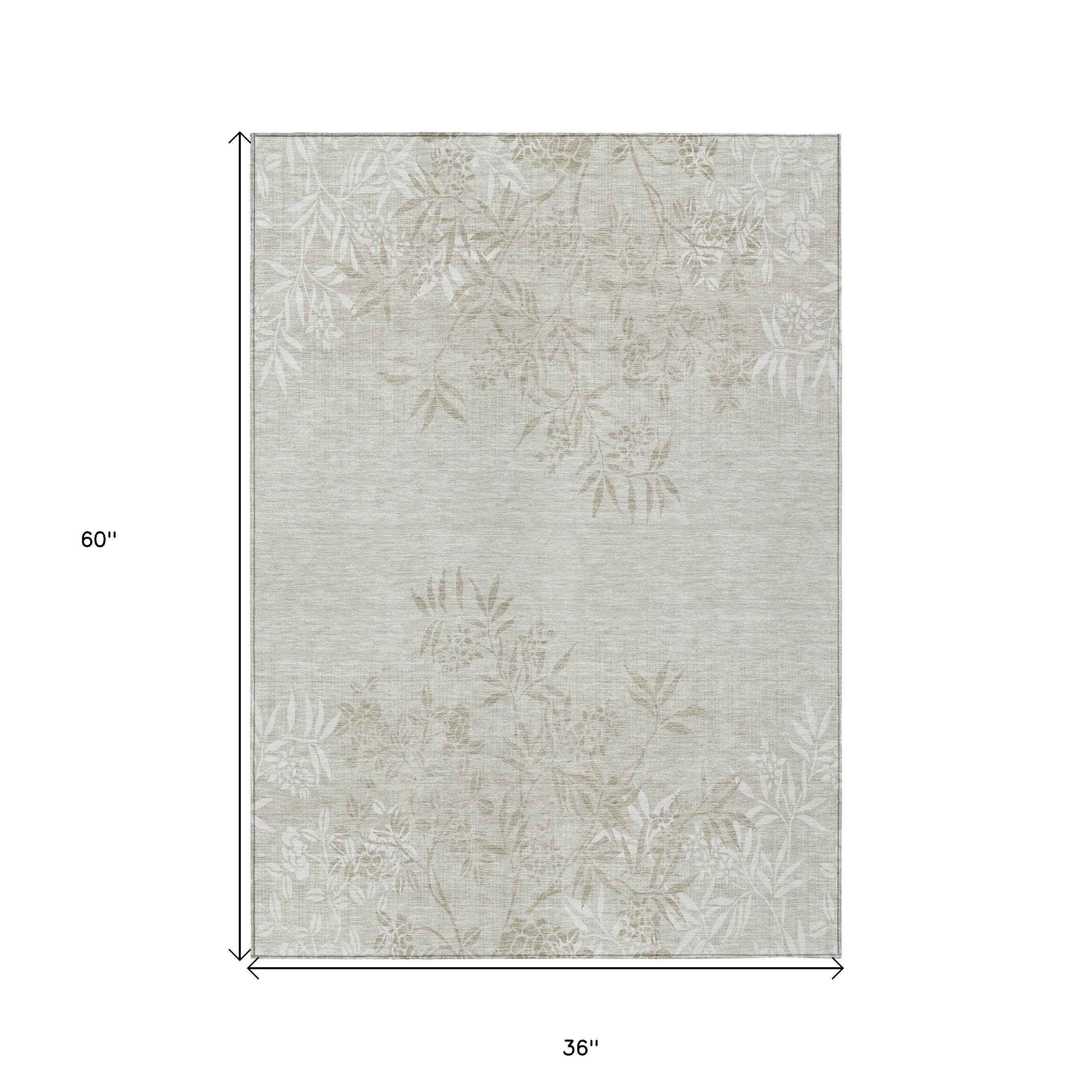 3' X 5' Beige Tan And Ivory Floral Washable Indoor Outdoor Area Rug