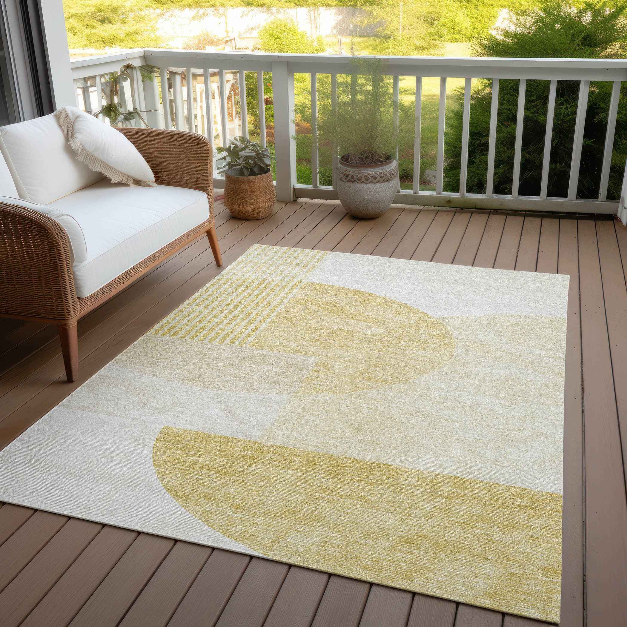 8' X 10' Gold Wheat And Ivory Geometric Washable Indoor Outdoor Area Rug