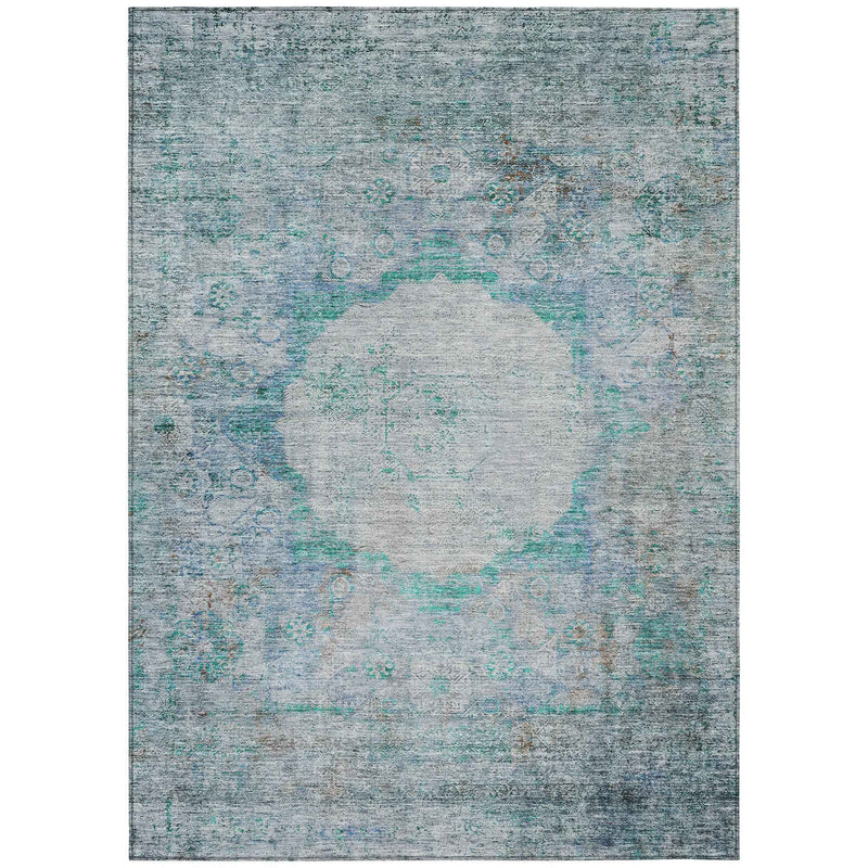 3' X 5' Teal Blue Aqua And Gray Oriental Washable Indoor Outdoor Area Rug