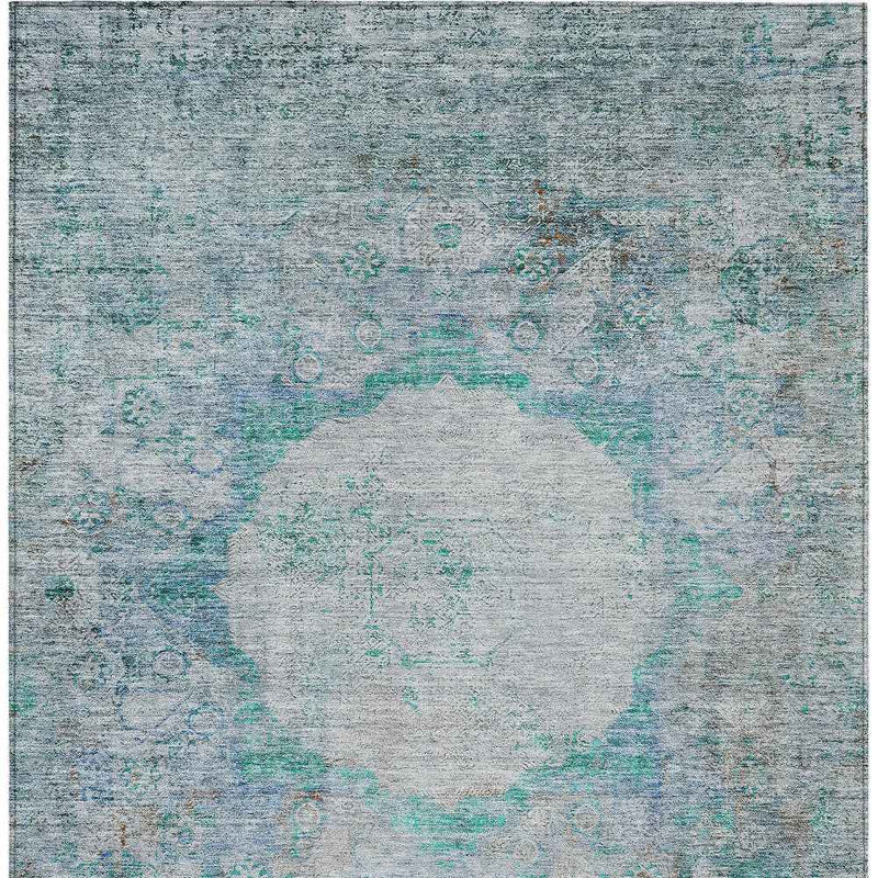 3' X 5' Teal Blue Aqua And Gray Oriental Washable Indoor Outdoor Area Rug