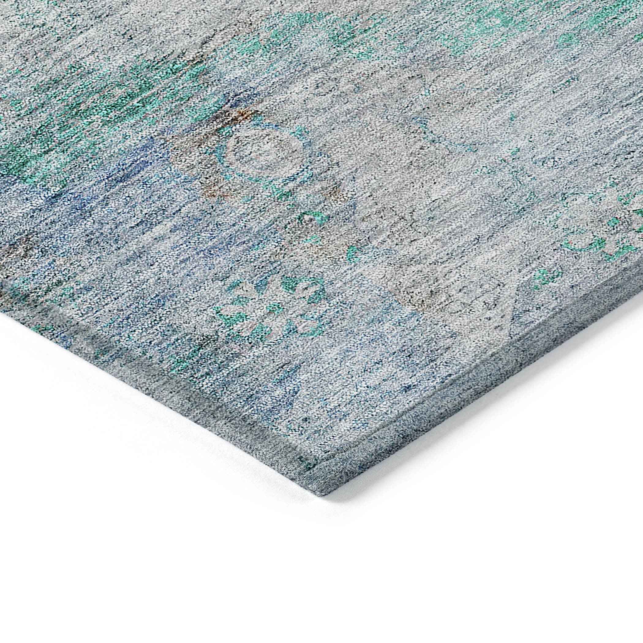 3' X 5' Teal Blue Aqua And Gray Oriental Washable Indoor Outdoor Area Rug