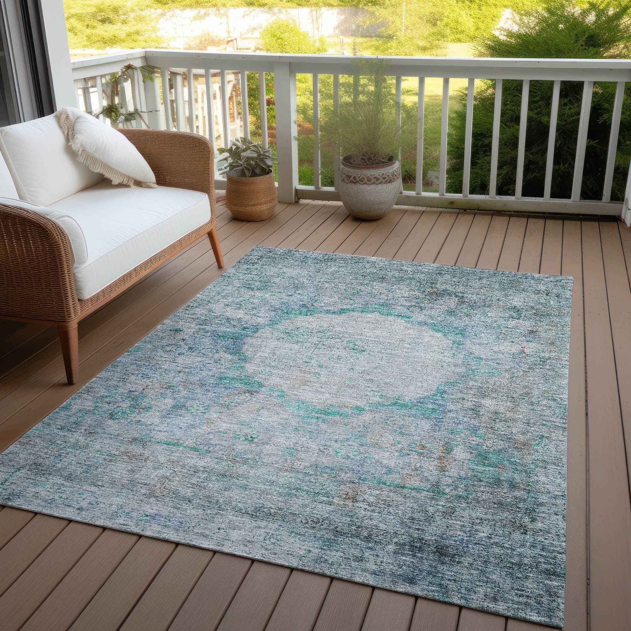 3' X 5' Teal Blue Aqua And Gray Oriental Washable Indoor Outdoor Area Rug