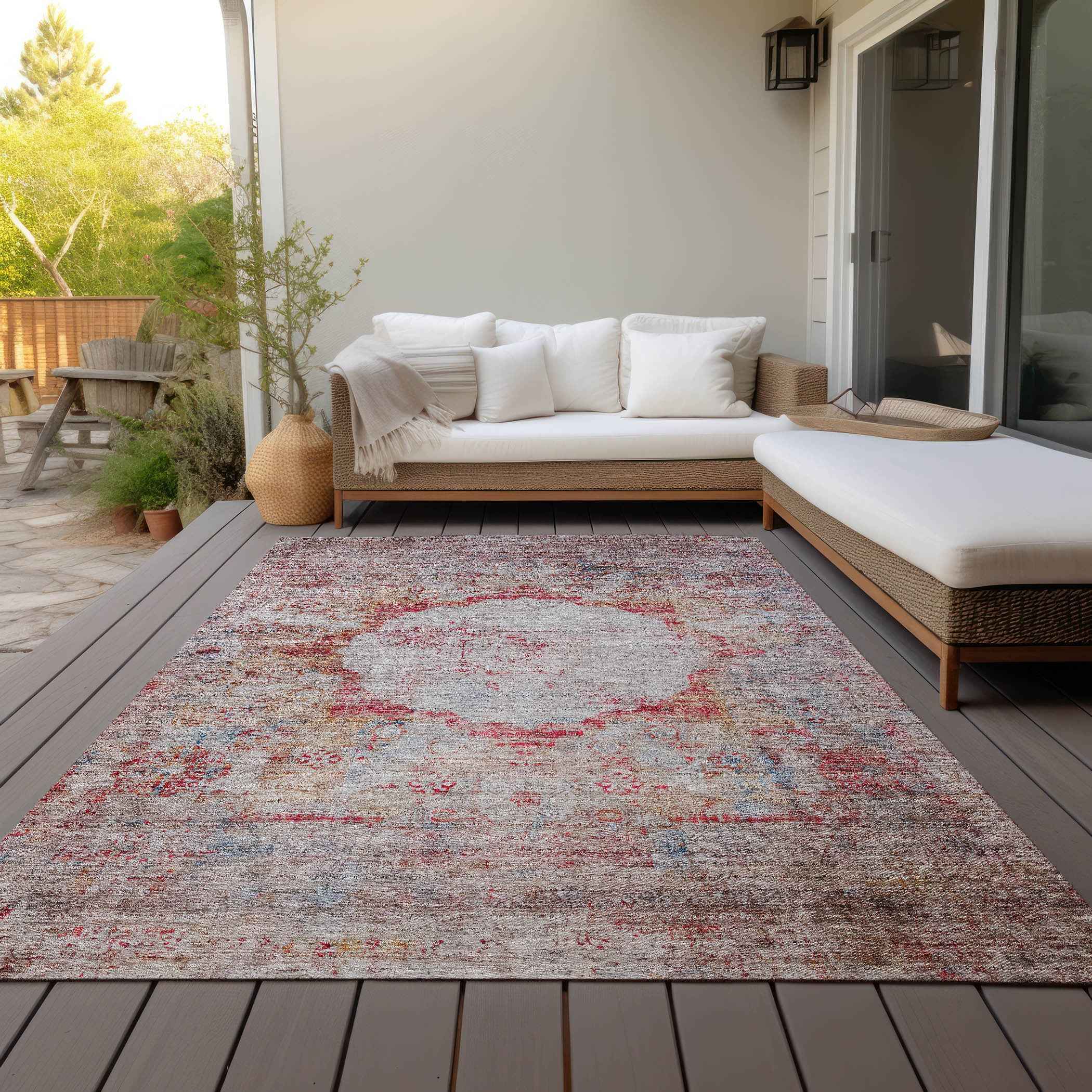 9' X 12' Red Gray And Blue Oriental Washable Indoor Outdoor Area Rug