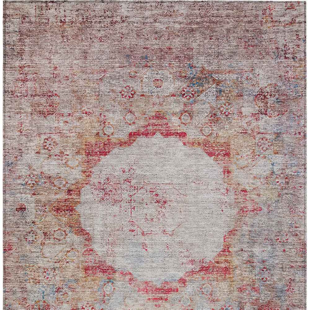 9' X 12' Red Gray And Blue Oriental Washable Indoor Outdoor Area Rug