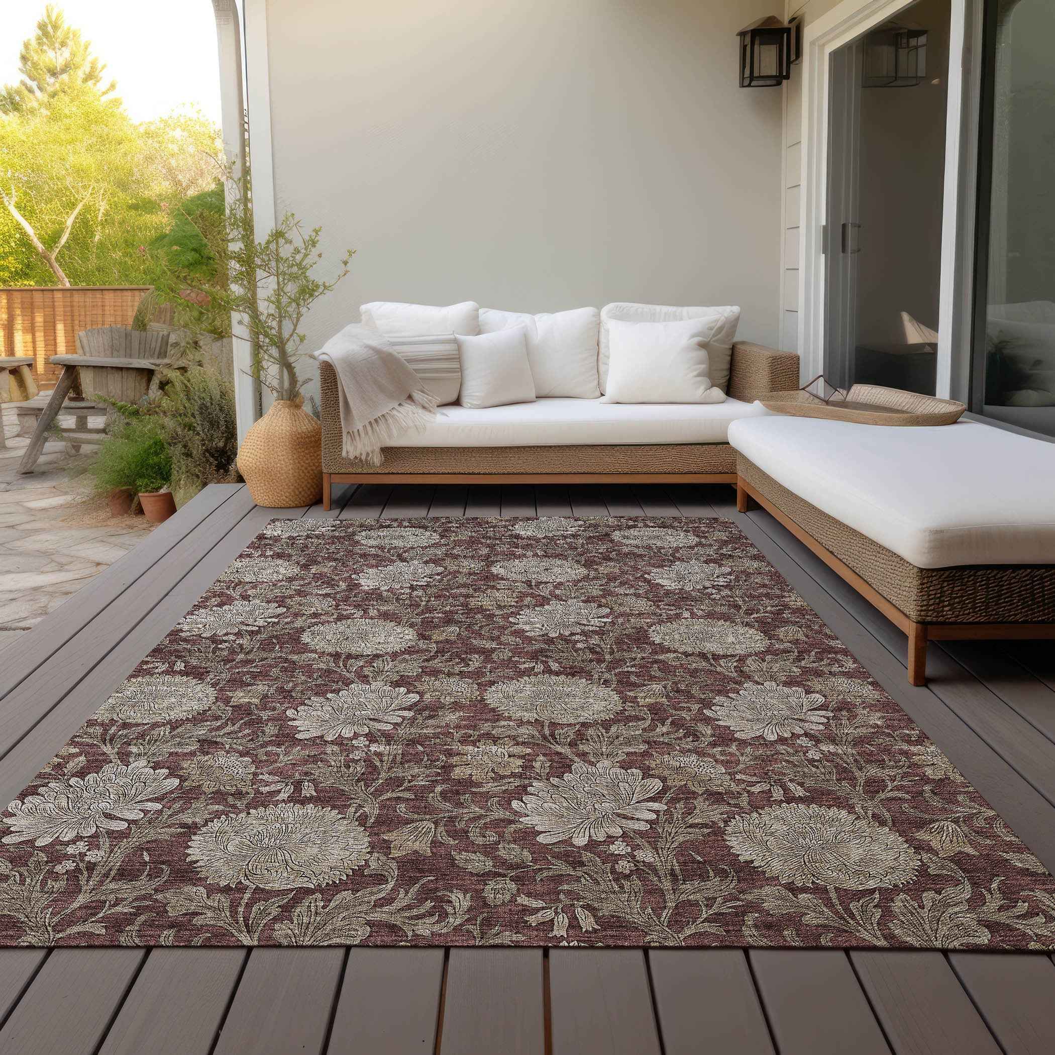 3' X 5' Merlot Taupe And Beige Floral Washable Indoor Outdoor Area Rug
